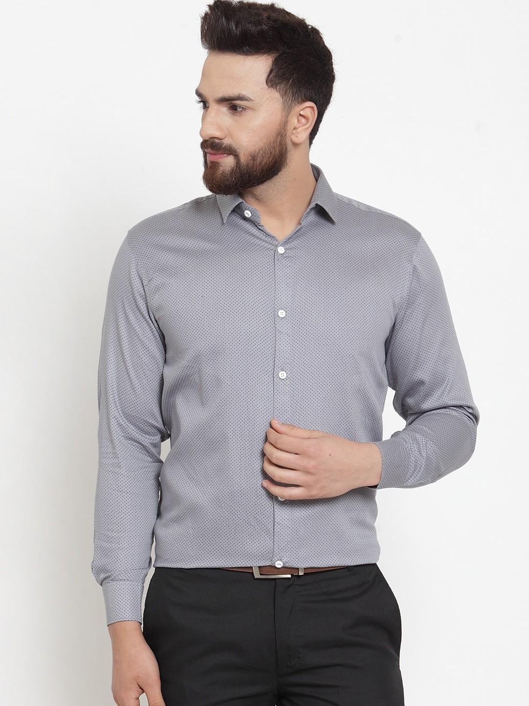 

JAINISH Men Grey Standard Cotton Polka Dots Formal Shirt