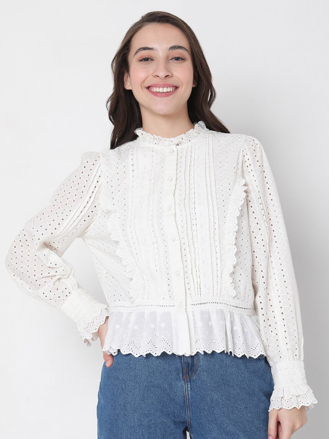 

Vero Moda Women White Mandarin Collar Shirt Style Top