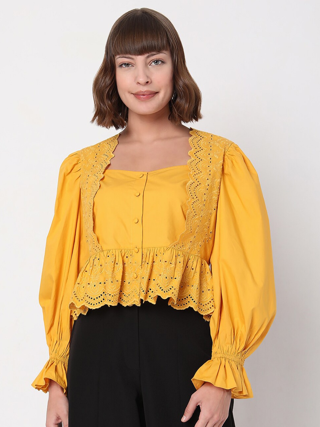 

Vero Moda Mustard Yellow Embroidered Bell Sleeves Top