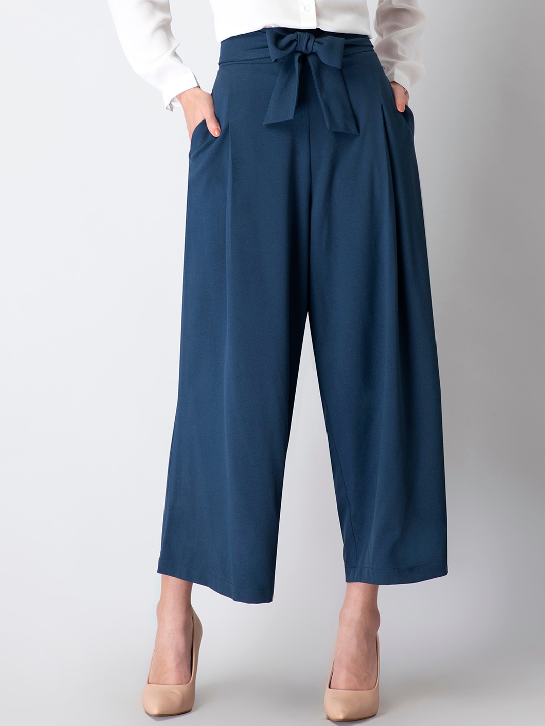 

FabAlley Women Blue High-Rise Pleated Culottes Trousers