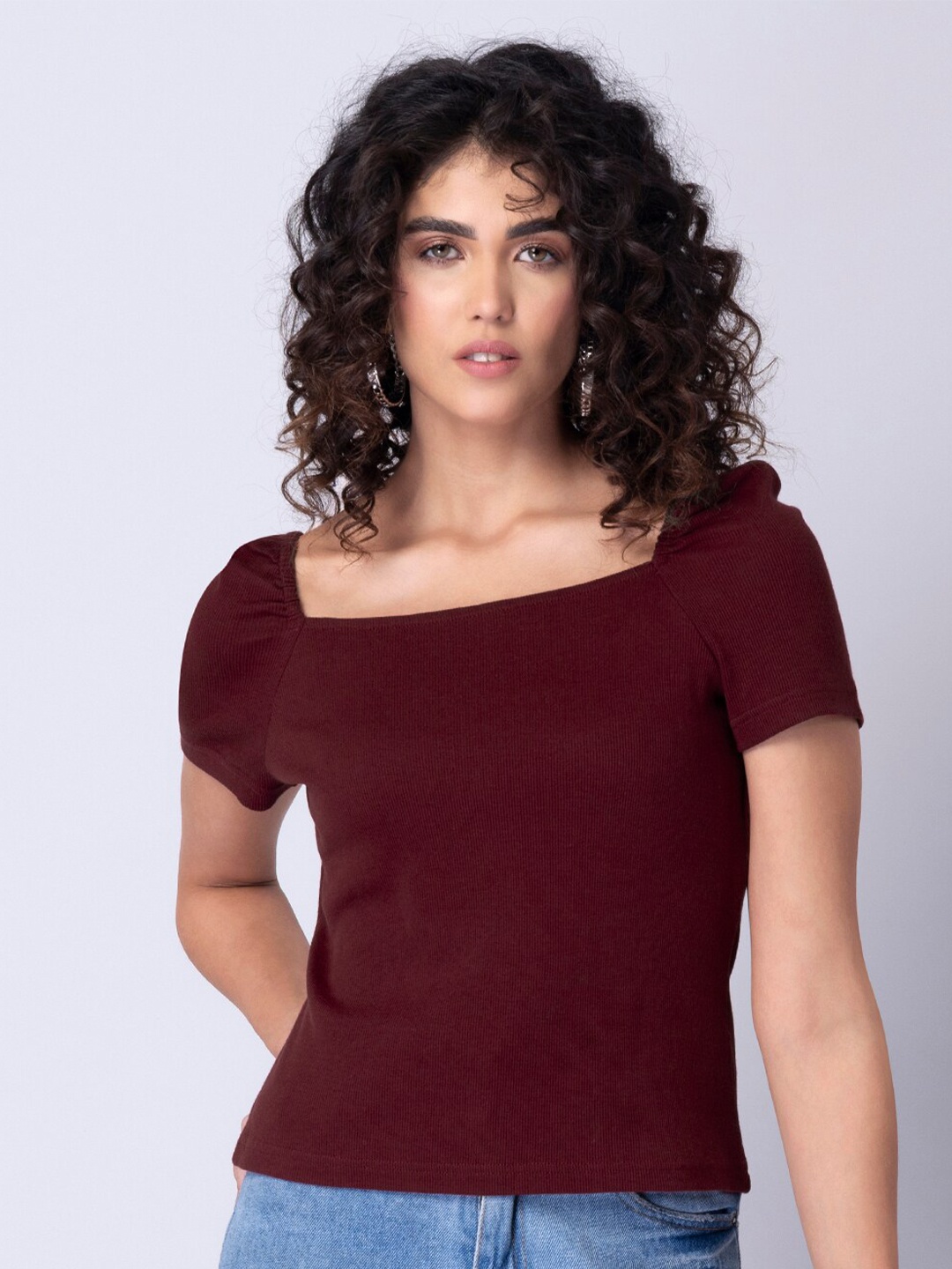 

FabAlley Maroon Square Neck Puff Sleeve Knit Top