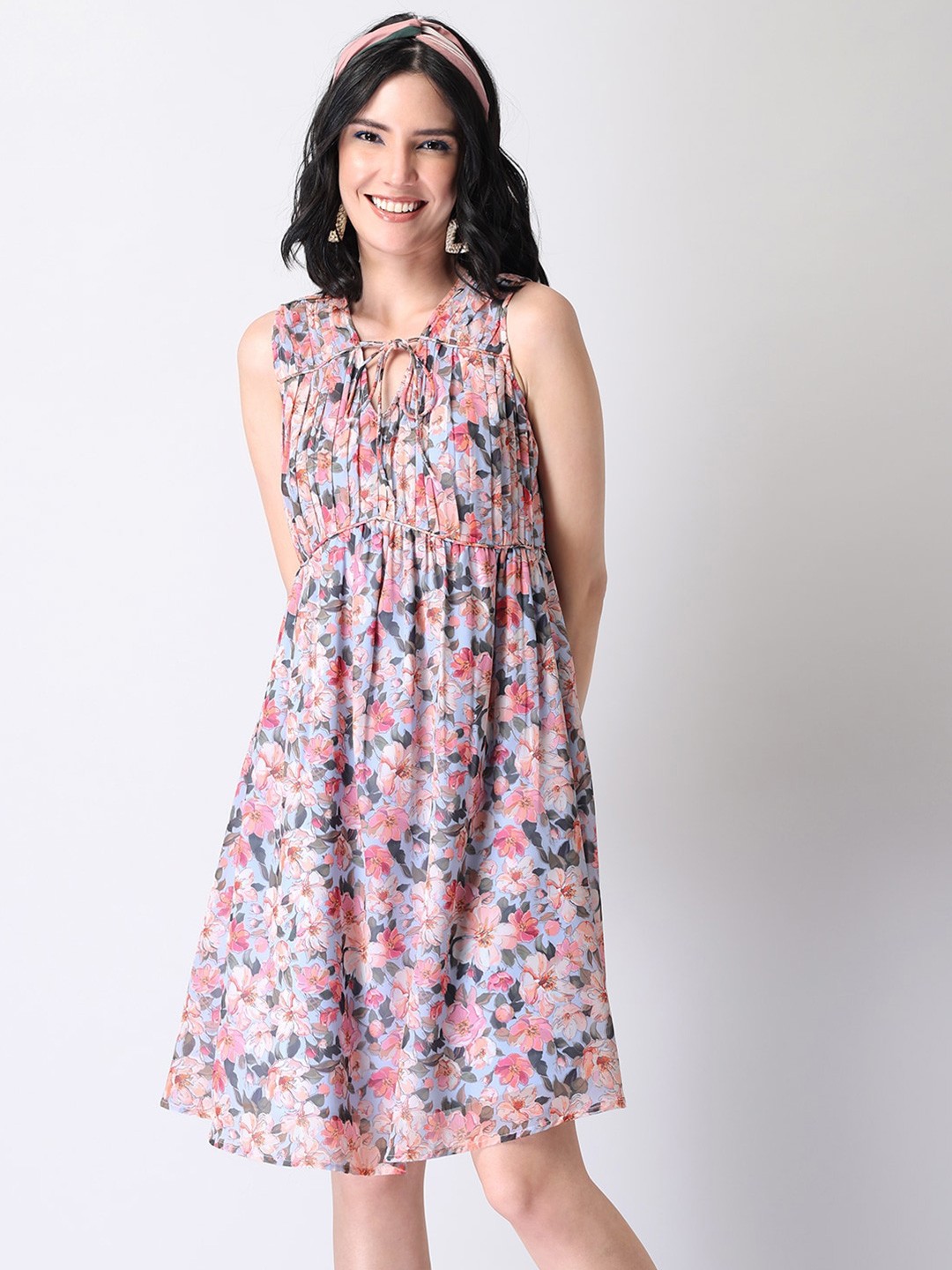 

FabAlley Blue Floral Tie-Up Neck Georgette Dress