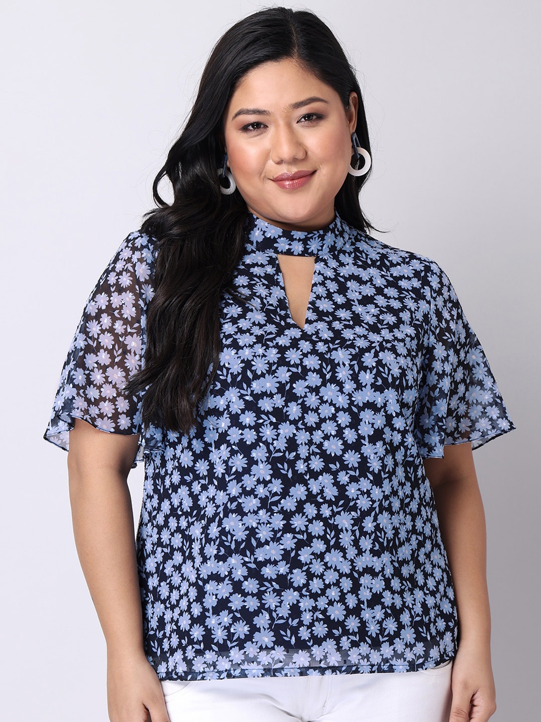 

FabAlley Curve Blue Floral Print Keyhole Neck Georgette Top