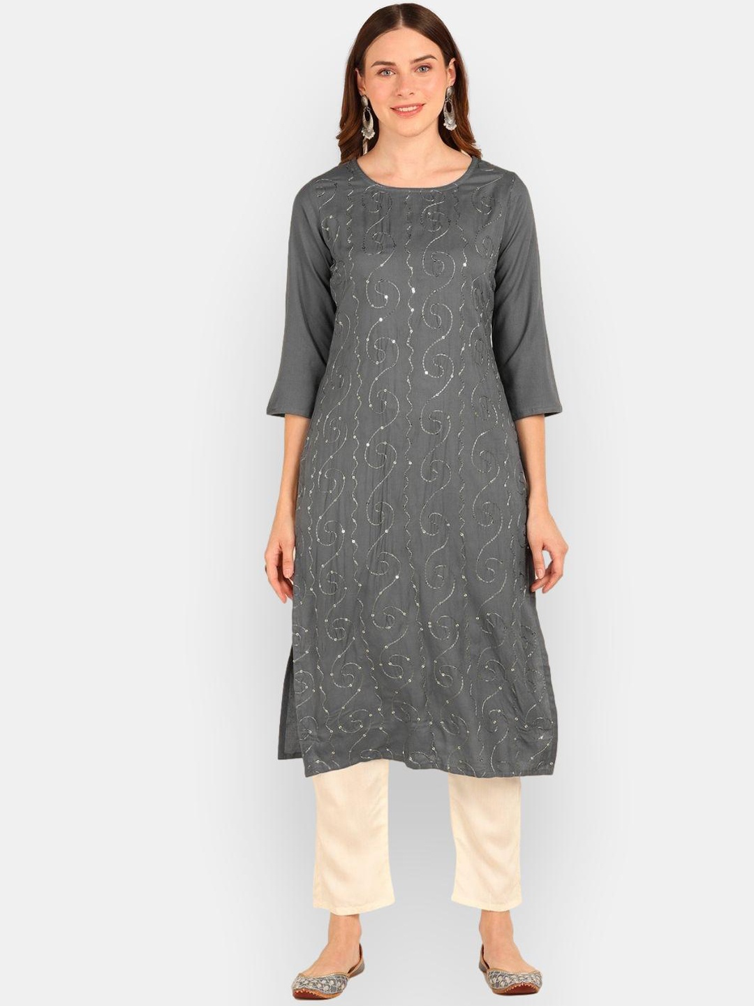 

VEDANA Women Grey Floral Kurta