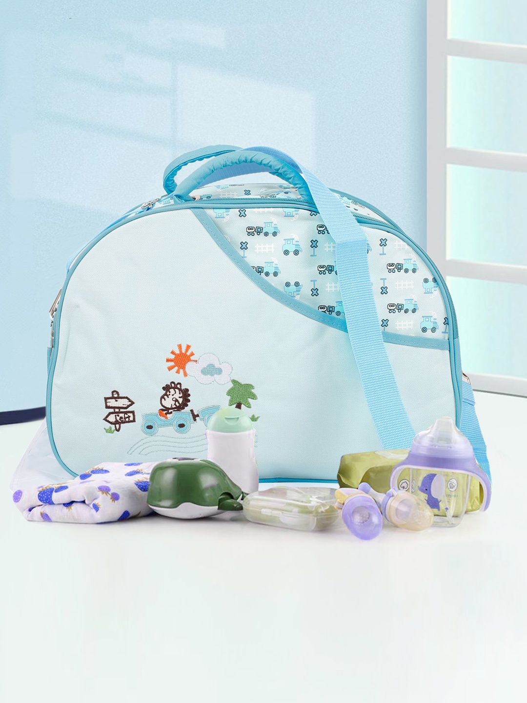 

Baby Moo Kids Blue Vintage Train Printed Diaper Bag