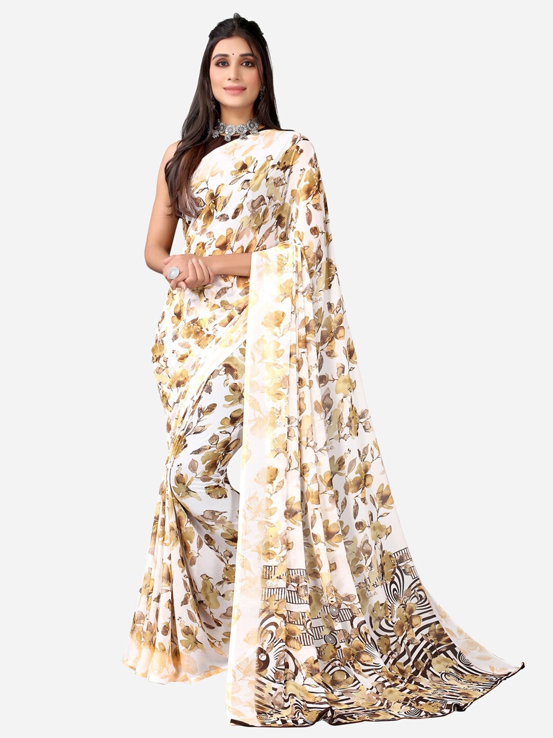 

SIRIL Off White & Black Floral Printed Poly Georgette Saree