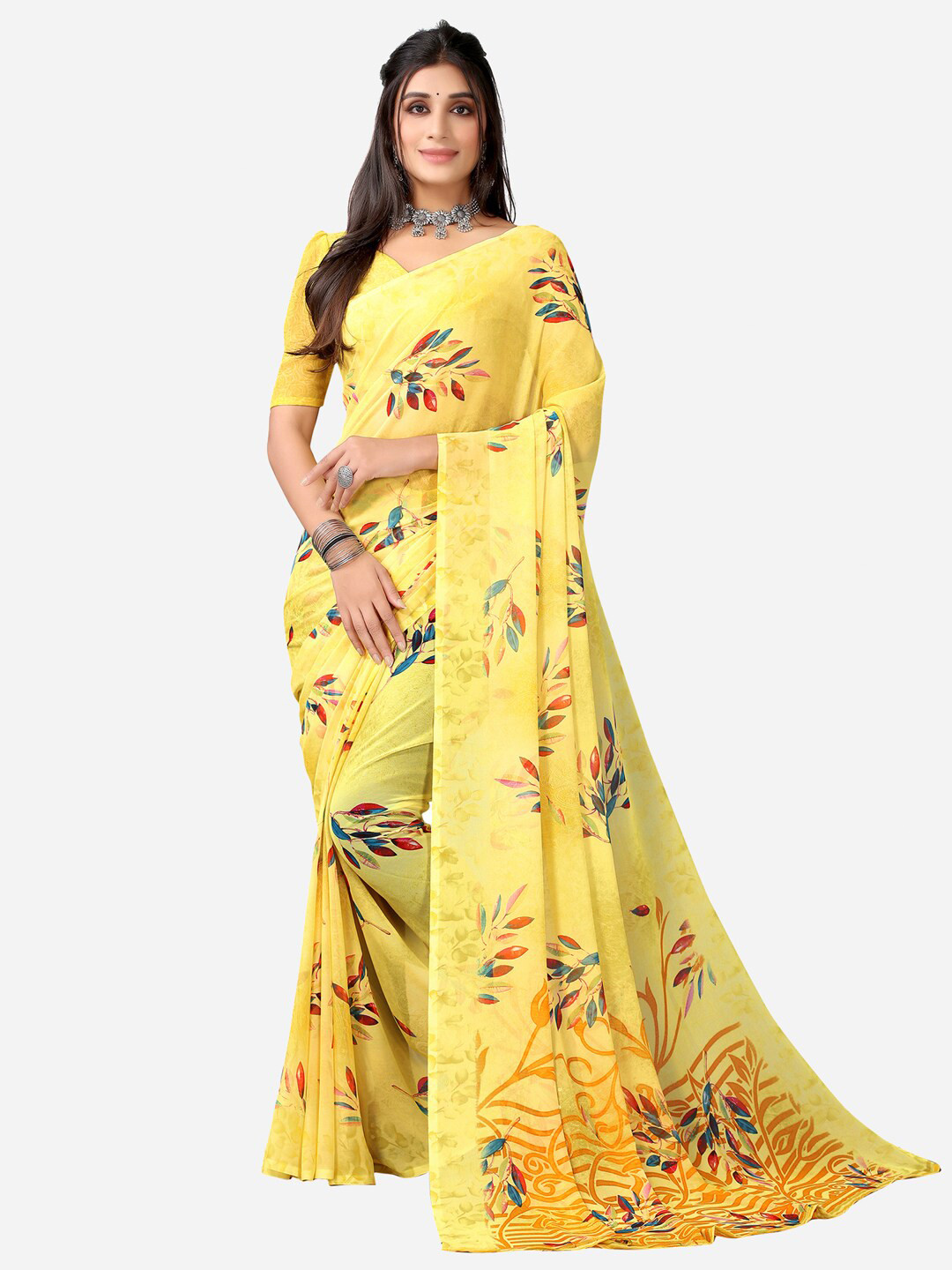 

SIRIL Yellow & Red Floral Printed Saree