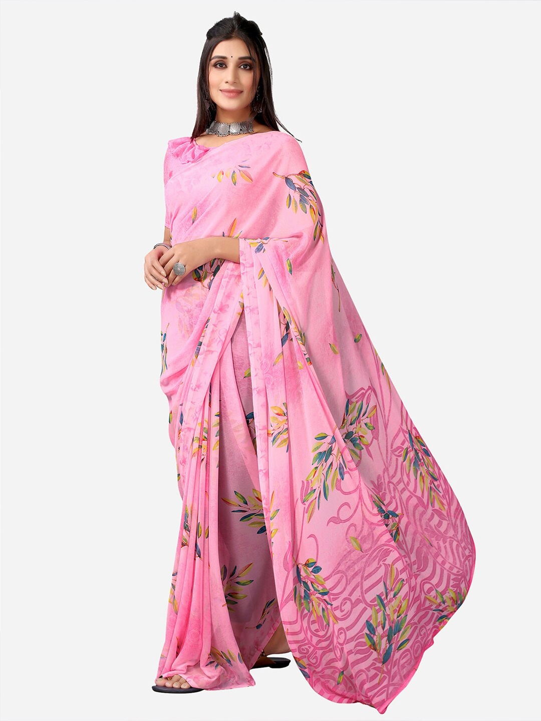 

SIRIL Pink & Yellow Floral Printed Saree