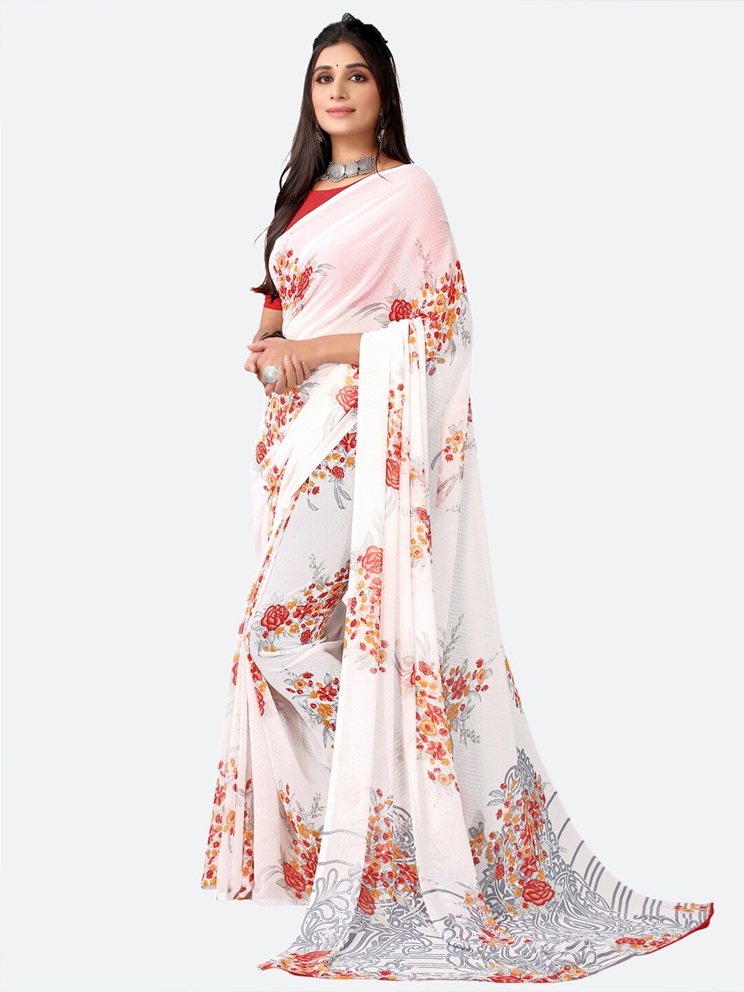 

SIRIL White & Red Floral Saree