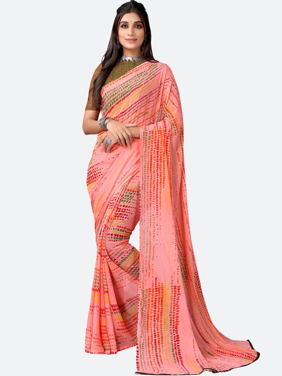 

SIRIL Pink & Red Georgette Printed Saree