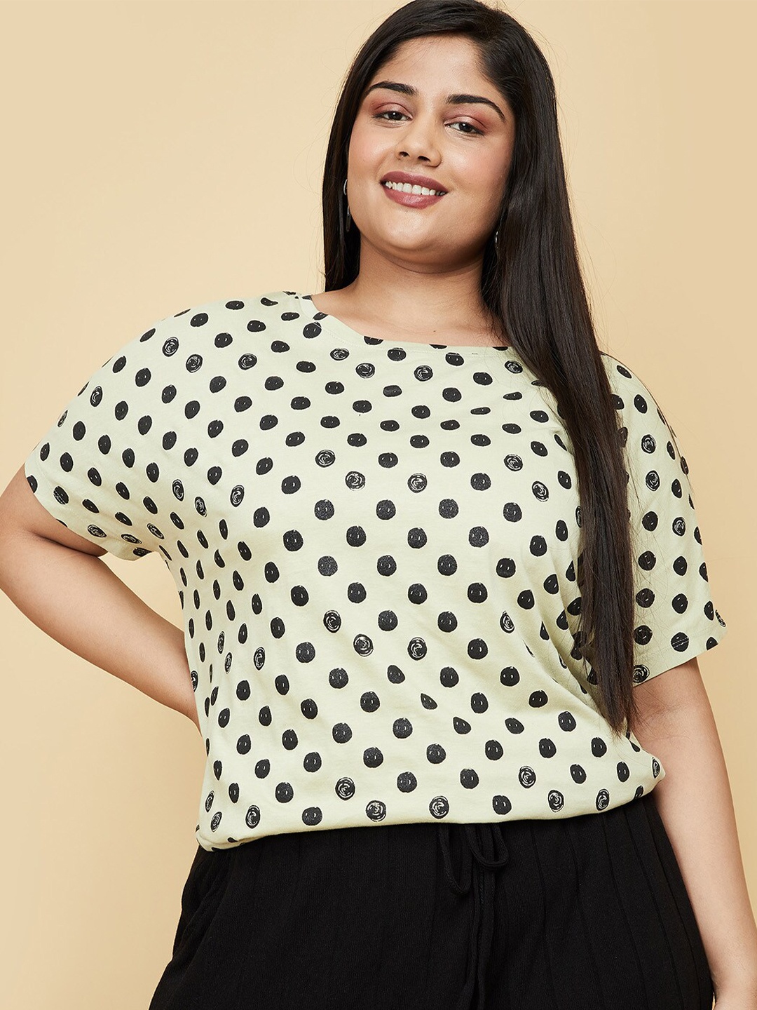 

max Plus Size Women Green & Black Printed 100% Cotton Extended Sleeves T-shirt