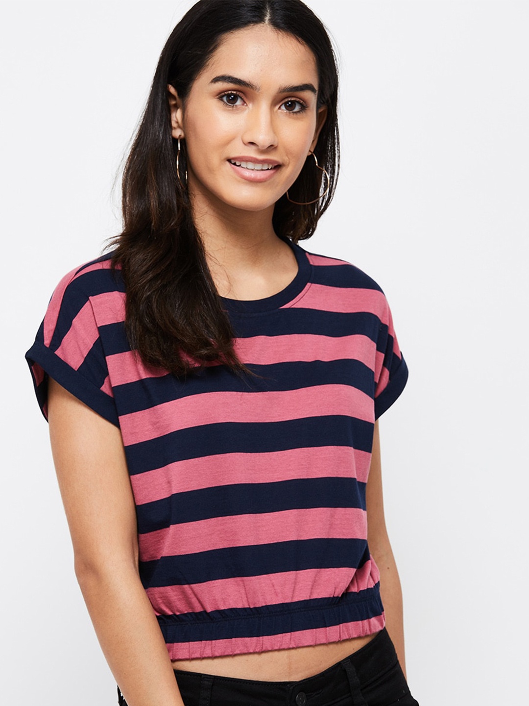 

max Women Pink & Black Striped Extended Sleeves 100% Cotton T-shirt