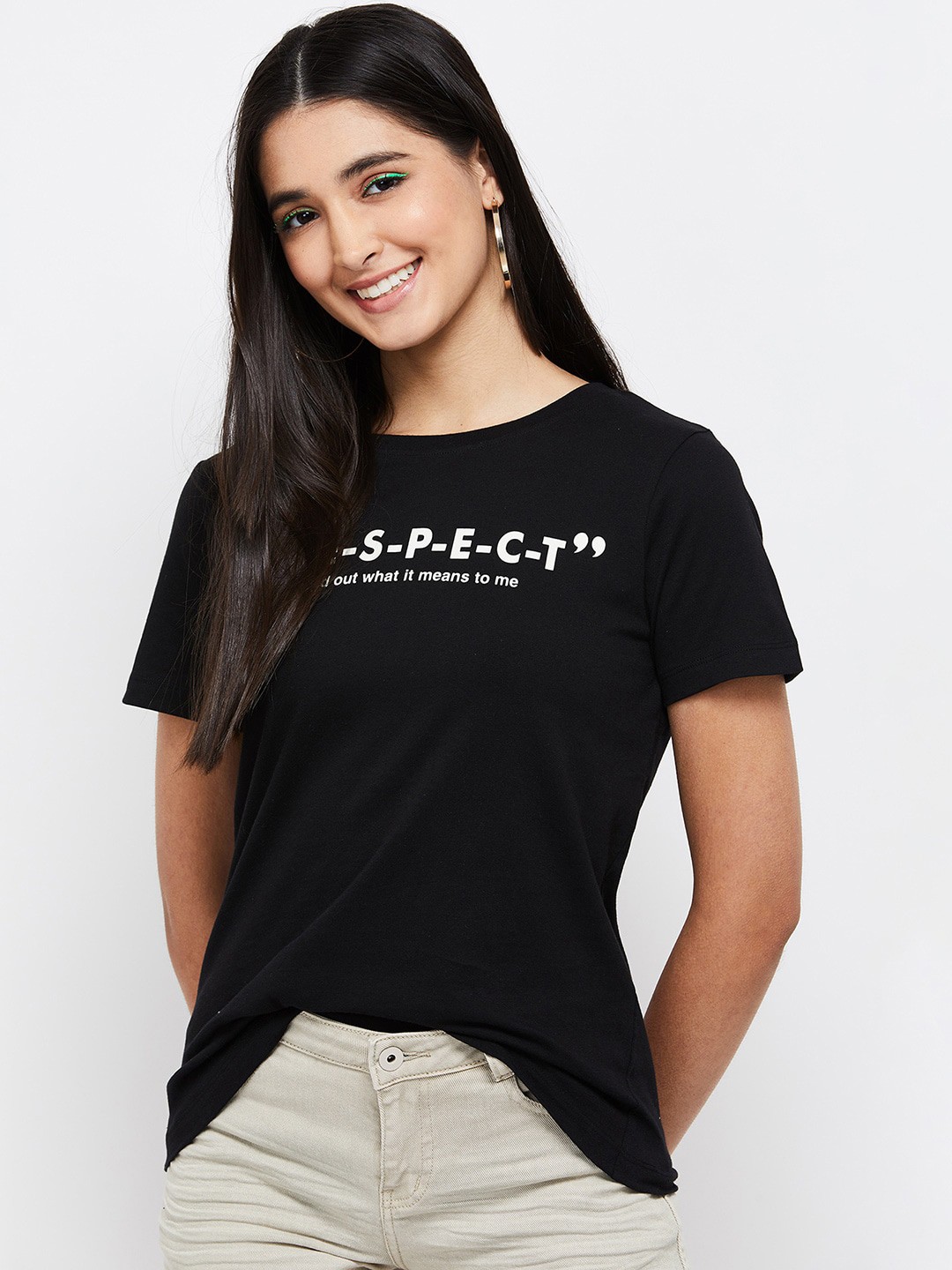

max Women Black Typography Printed 100% Cotton T-shirt