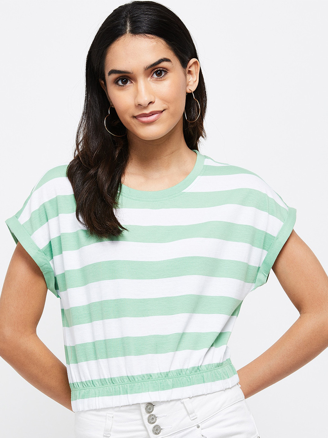 

max Women Green & White Striped Extended Sleeves 100% Cotton T-shirt