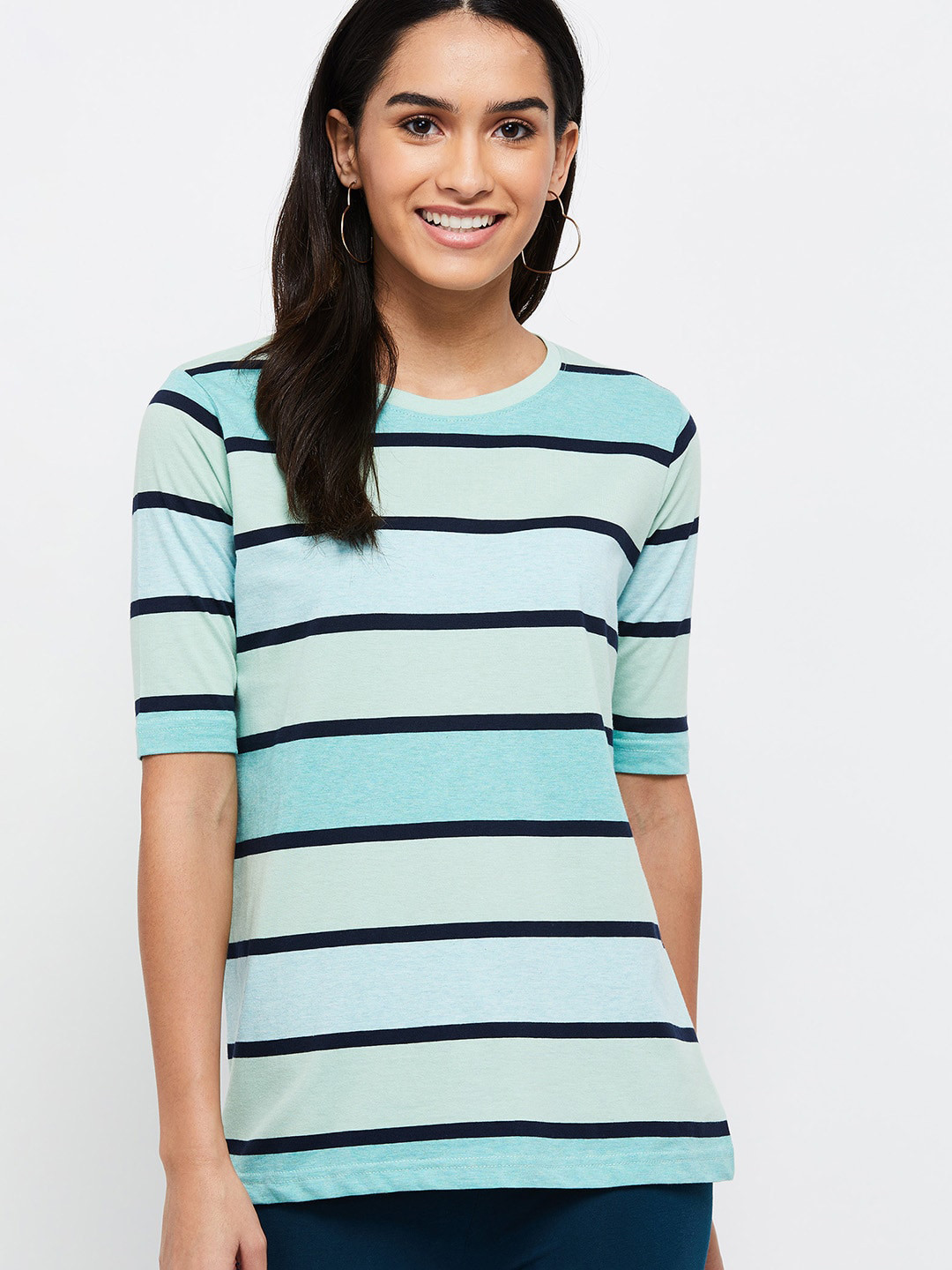 

max Women Turquoise Blue & Black Striped 100% Cotton T-shirt