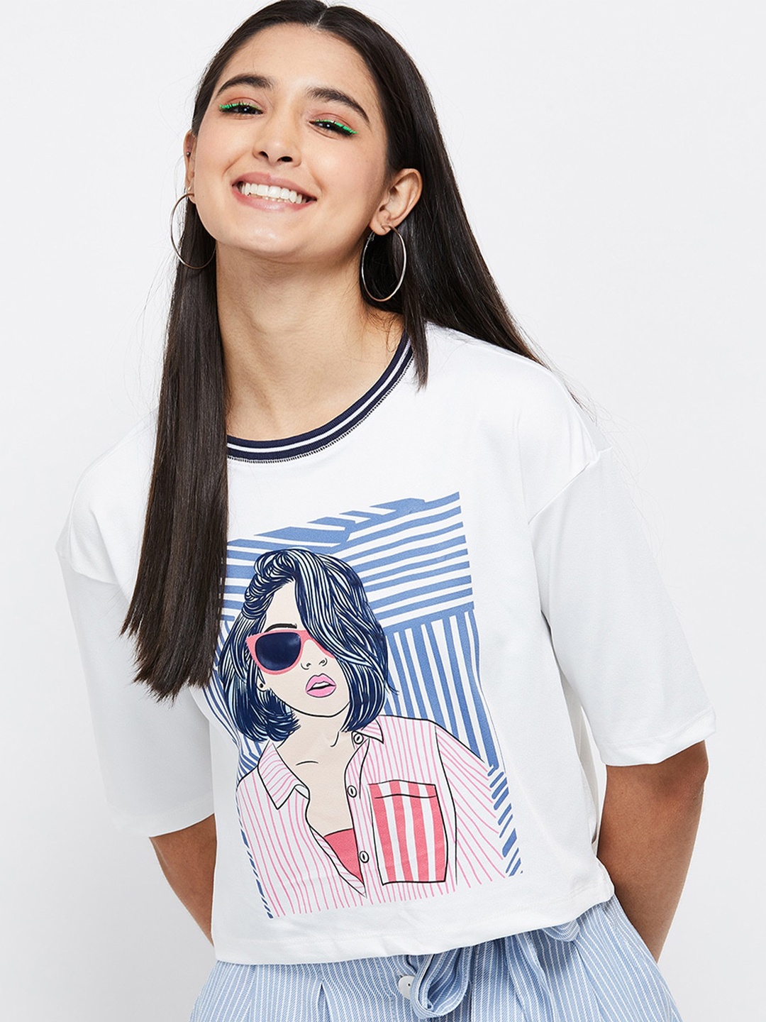 

max Women White Typography Printed Drop-Shoulder Sleeves T-shirt