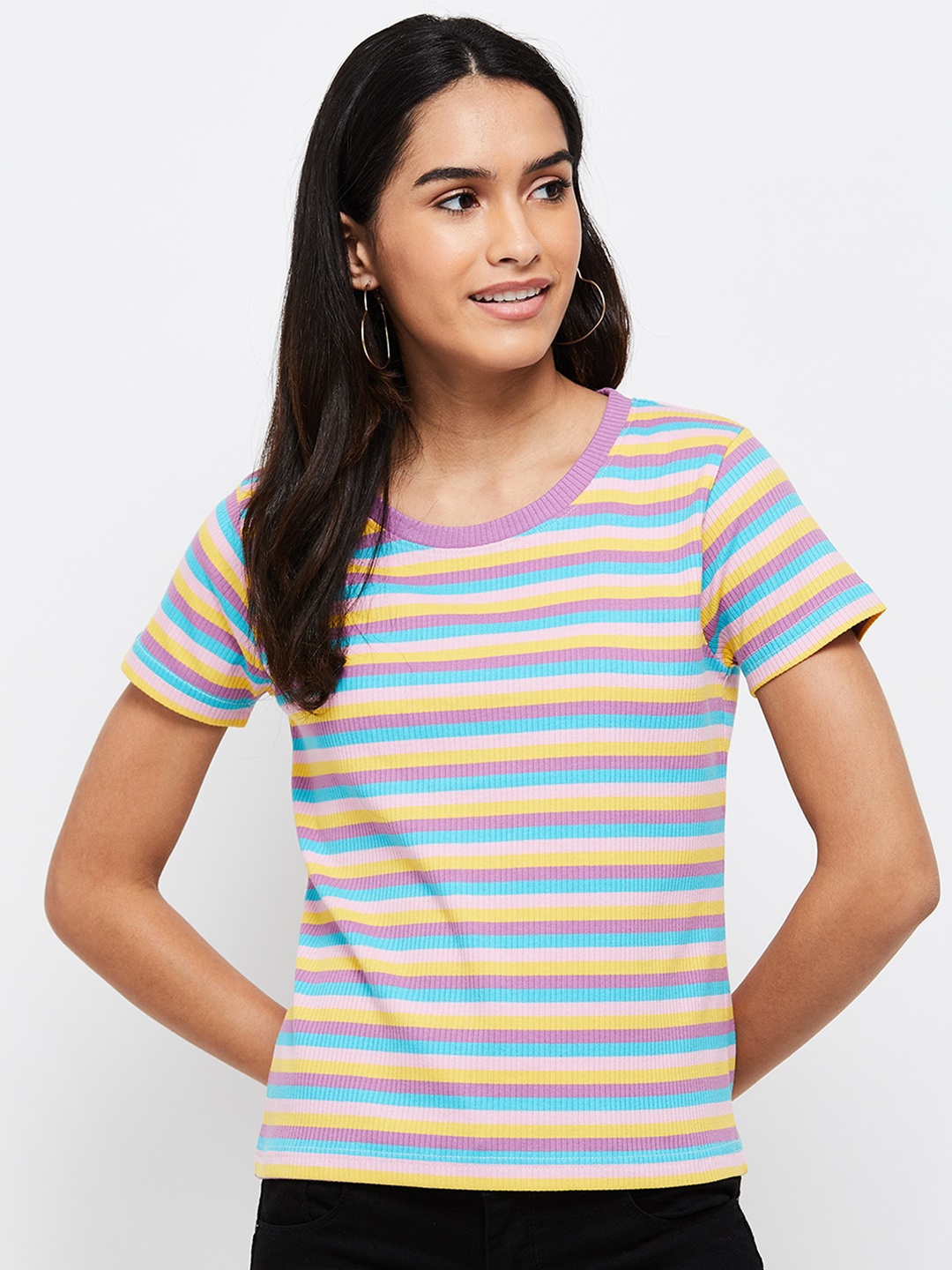 

max Women Purple & Blue Striped T-shirt