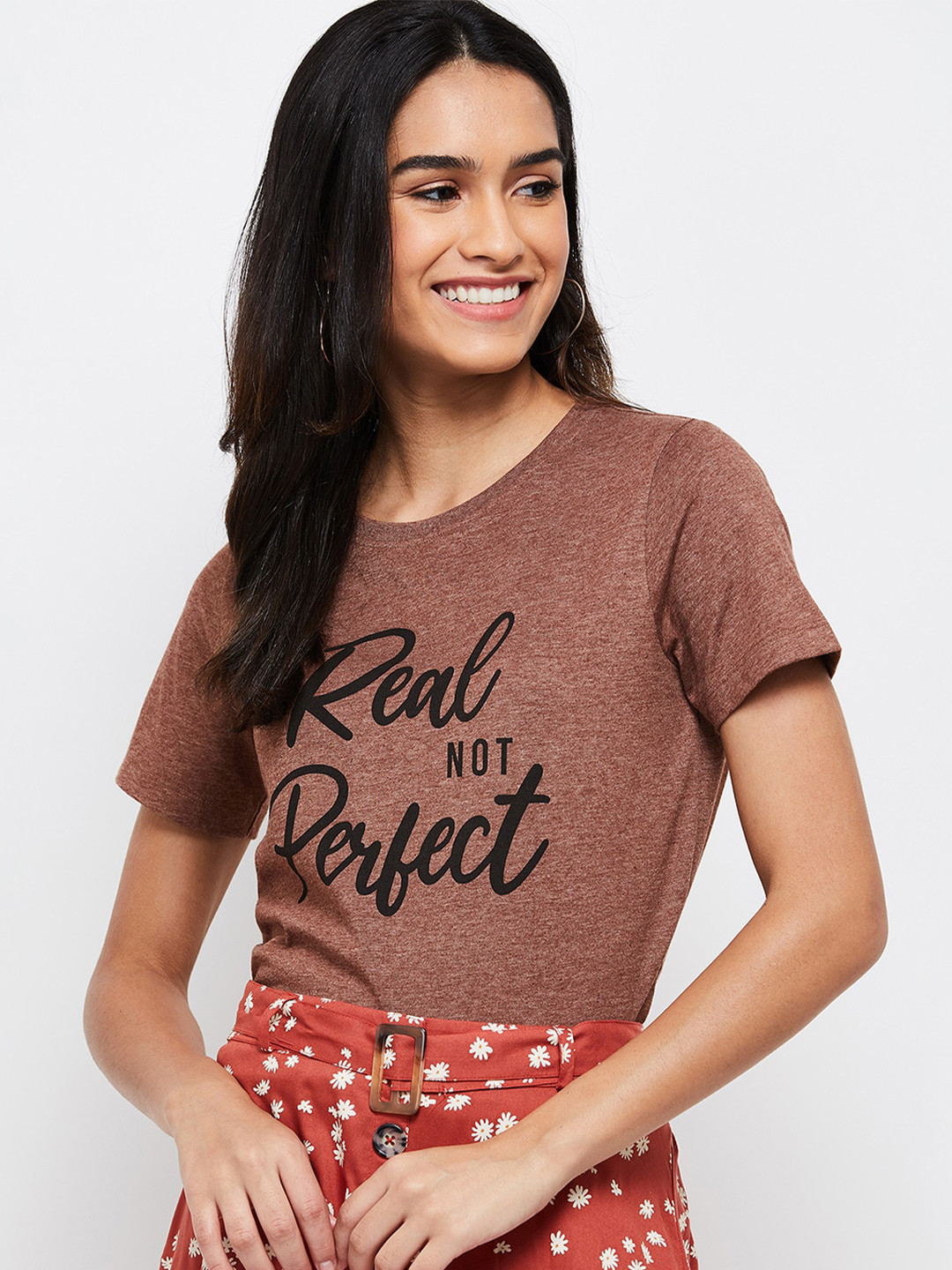 

max Women Brown Typography Printed 100% Cotton T-shirt