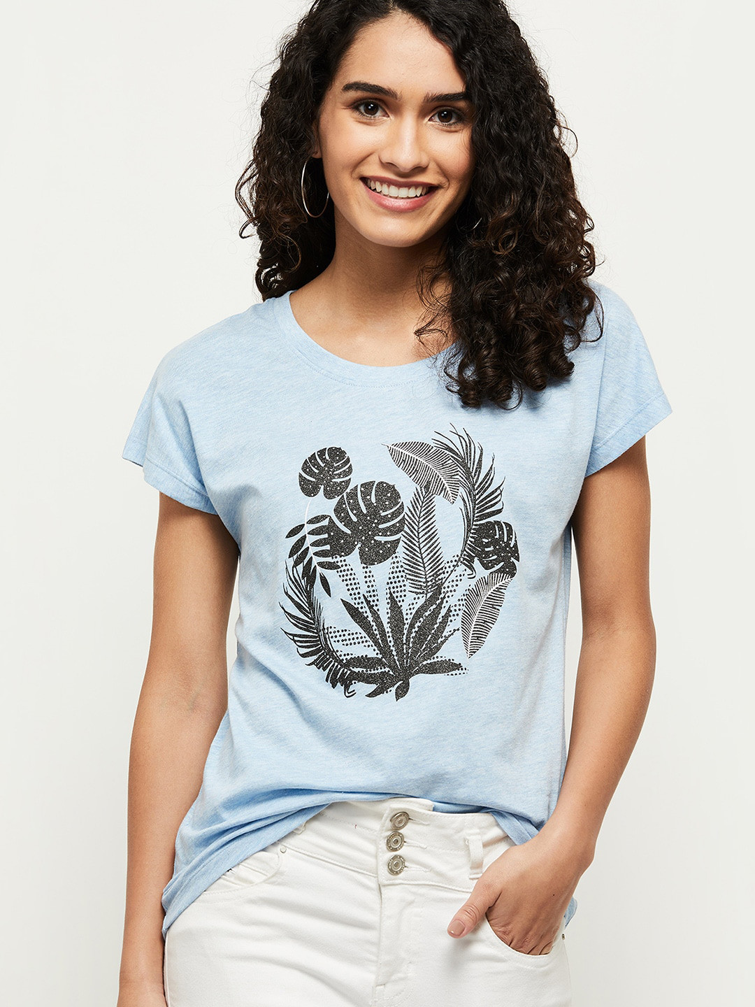 

max Women Blue Floral Printed T-shirt