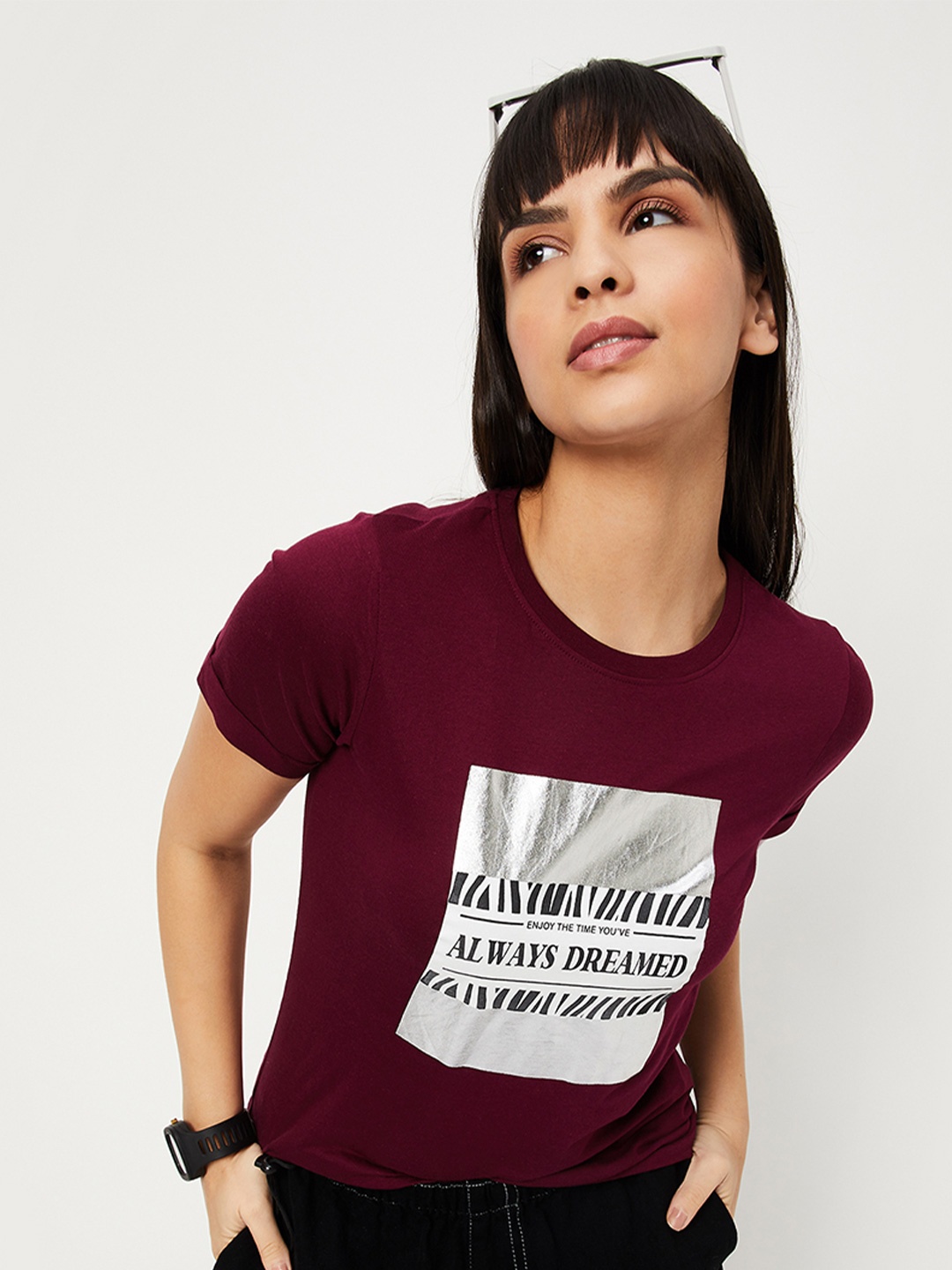 max Women Burgundy Typography Printed 100% Cotton T-shirt