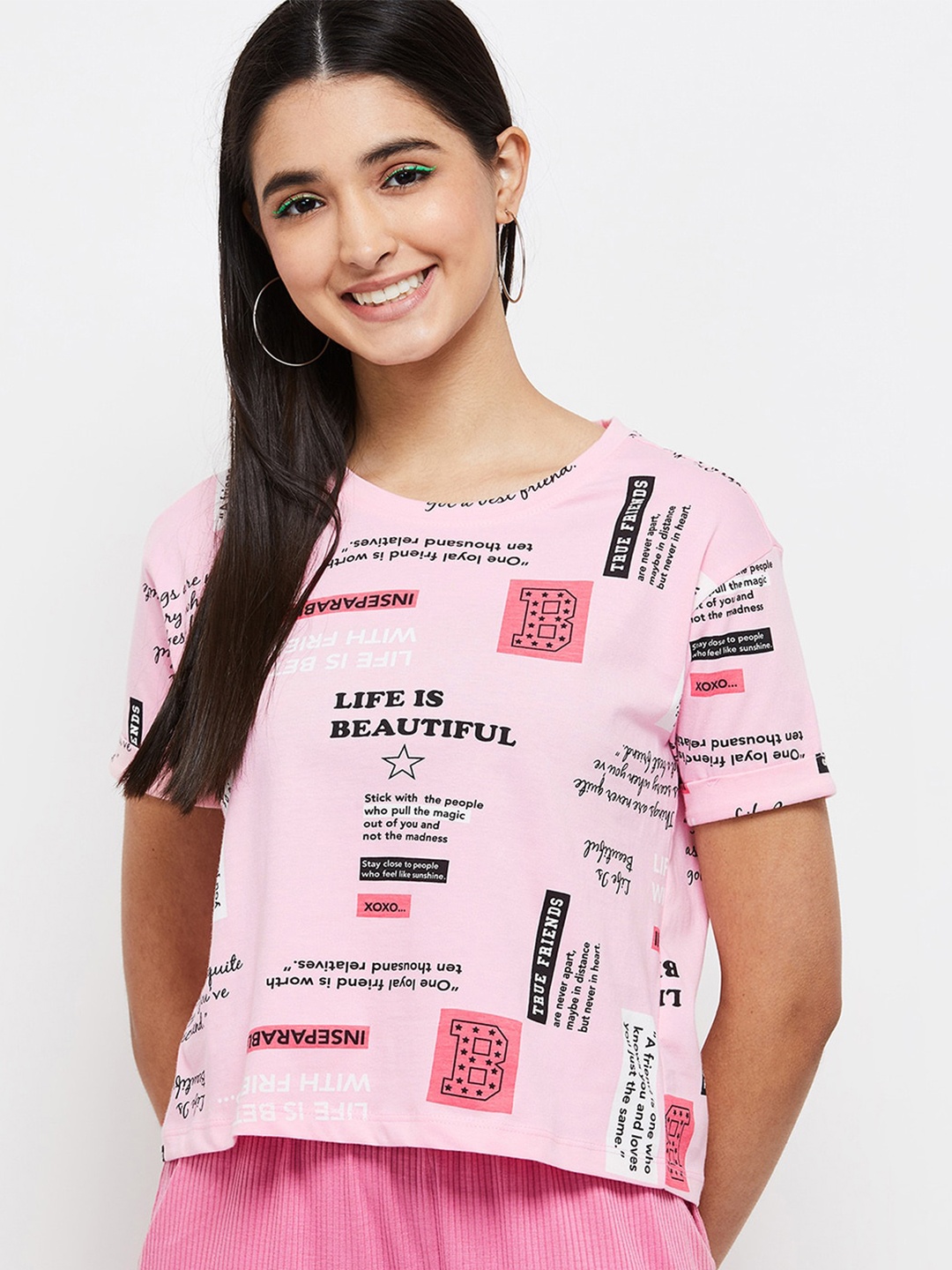 

max Women Pink Typography Printed 100% Cotton T-shirt