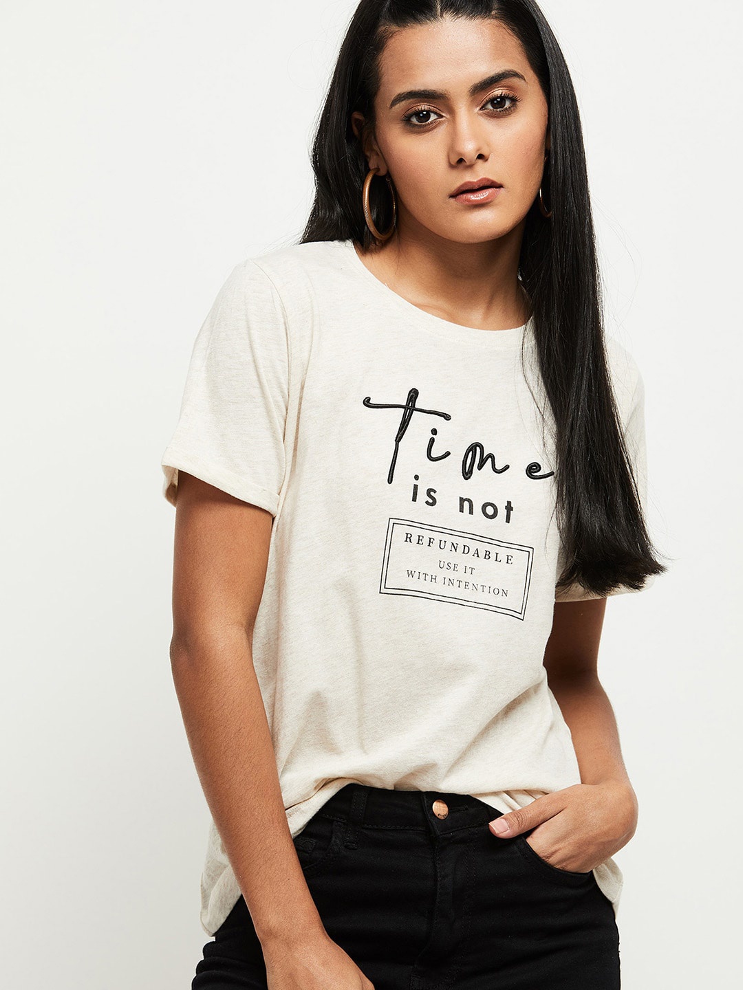 max Women Beige Typography Printed 100% Cotton T-shirt