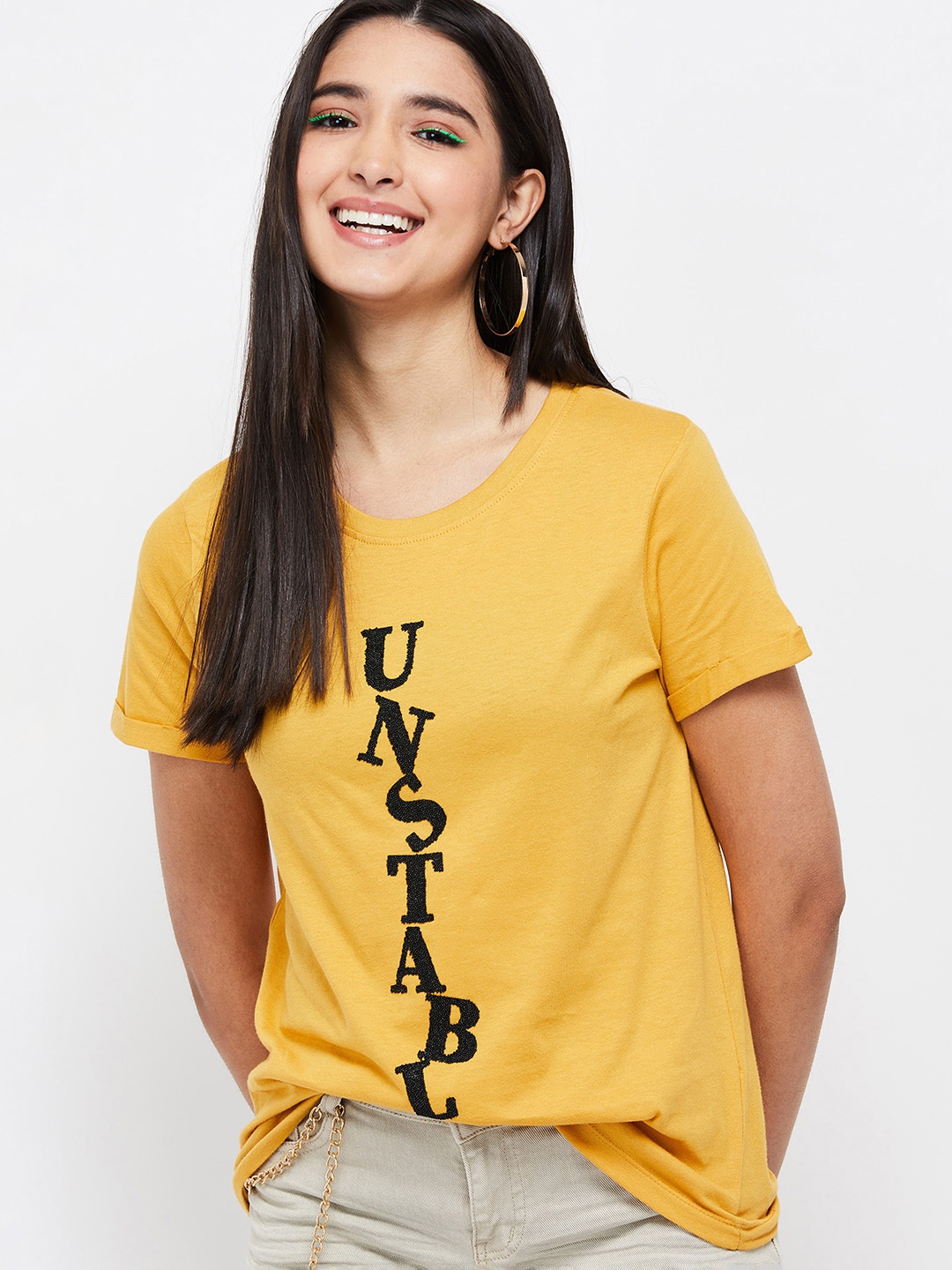 

max Women Mustard Yellow Typography Printed Pure Cotton T-shirt