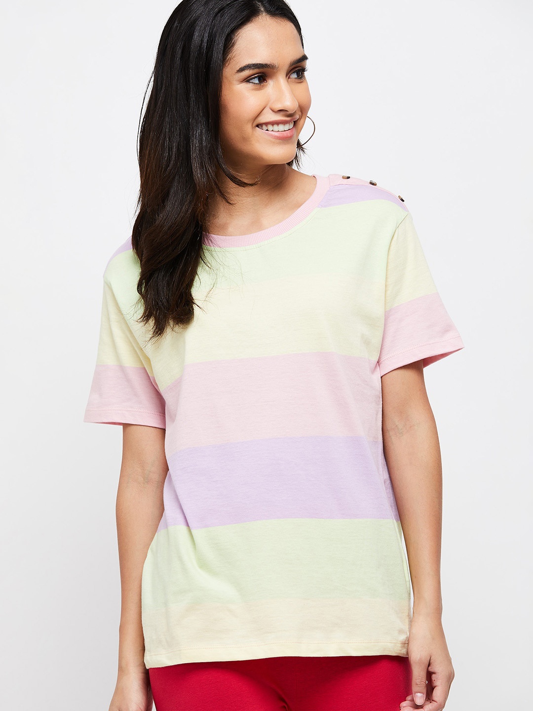 

max Women Coral & Yellow Striped Pure Cotton T-shirt