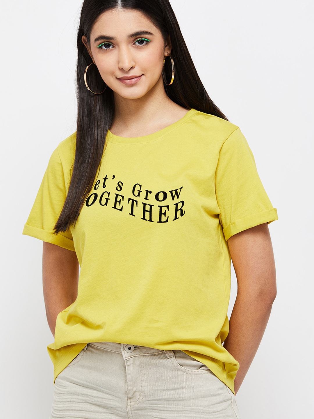 

max Women Green Typography Printed Pure Cotton T-shirt