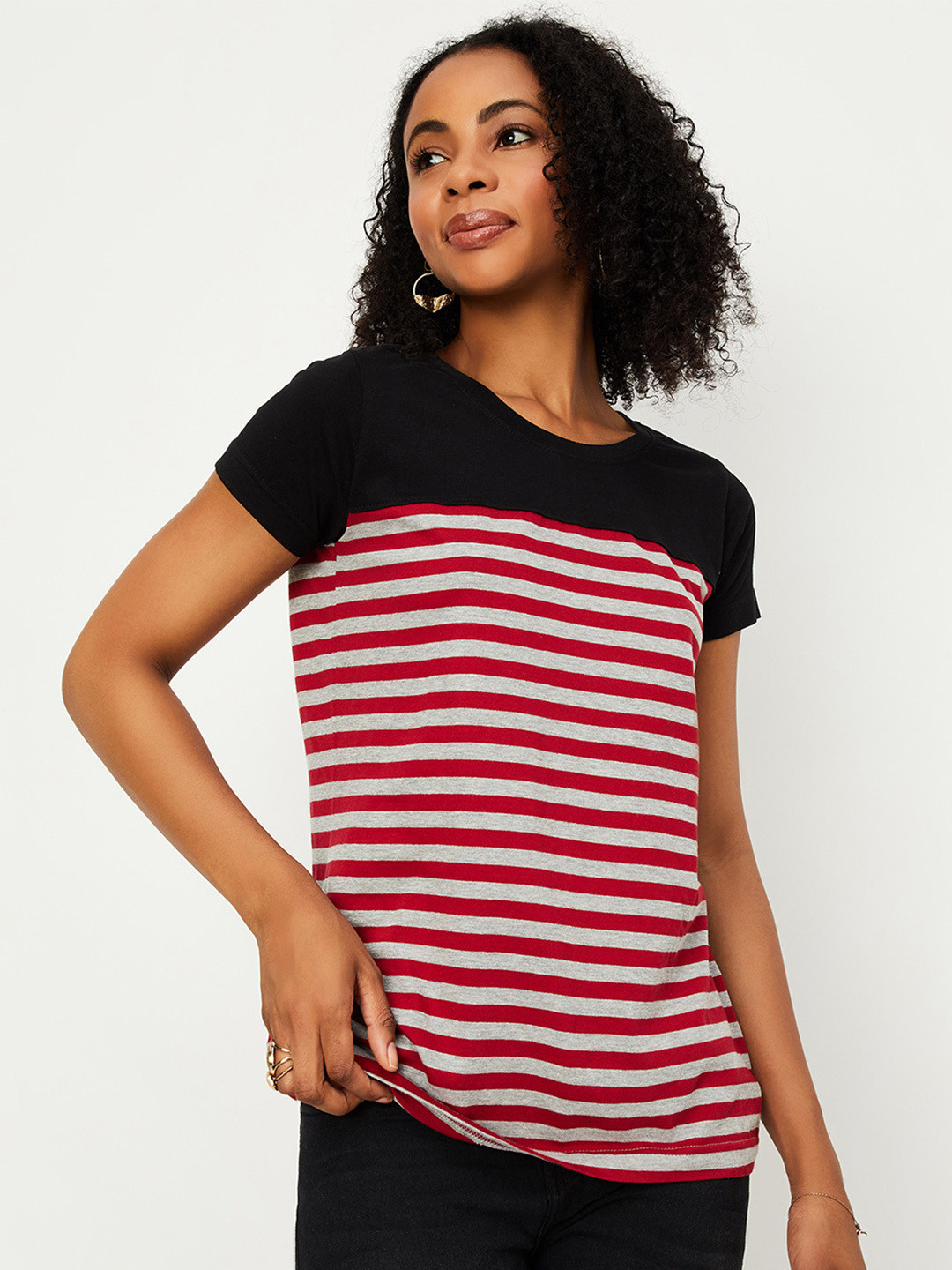 

max Women Black & Red Striped 100% Cotton T-shirt