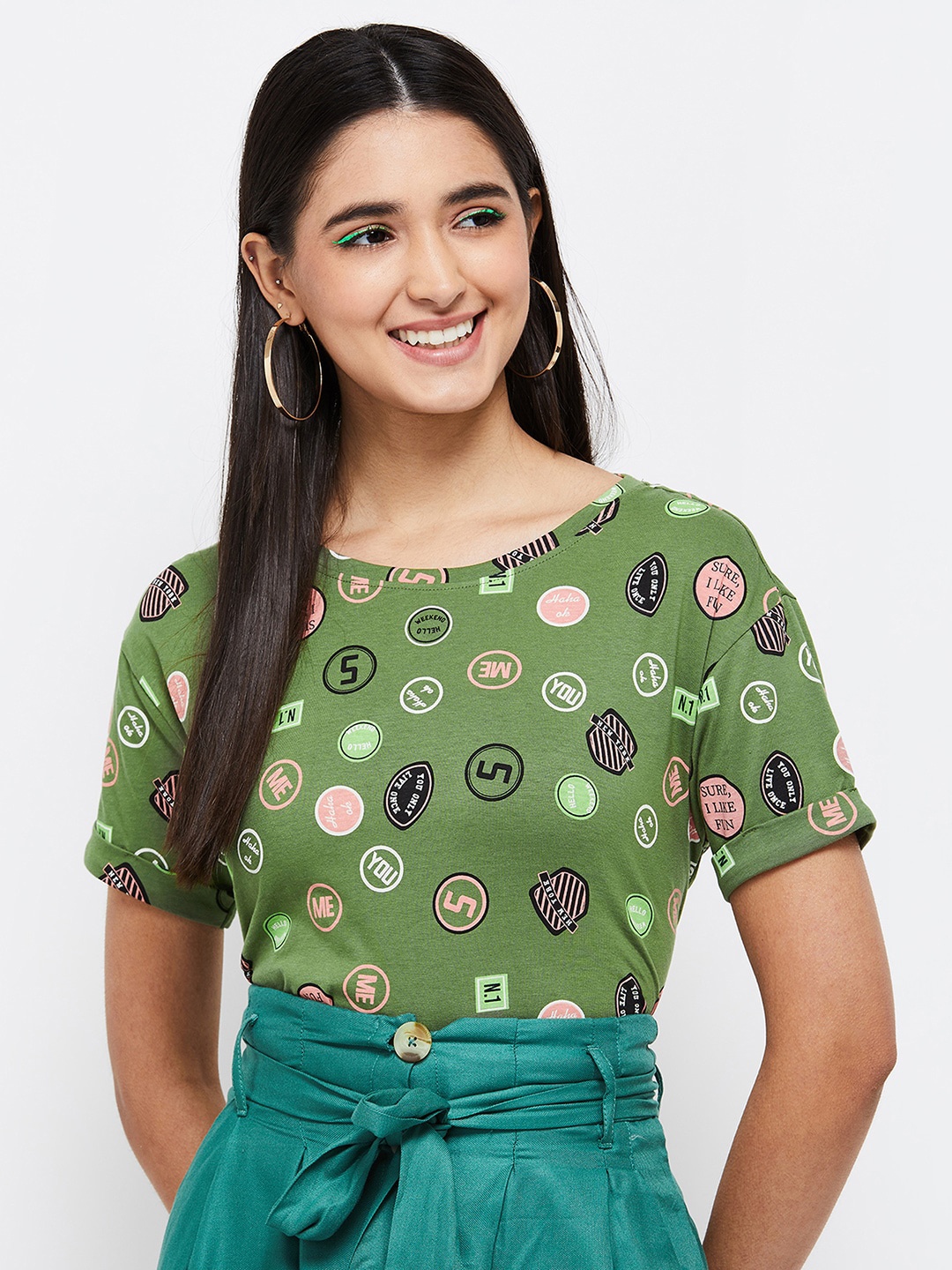 

max Women Olive Green Printed 100% Cotton T-shirt