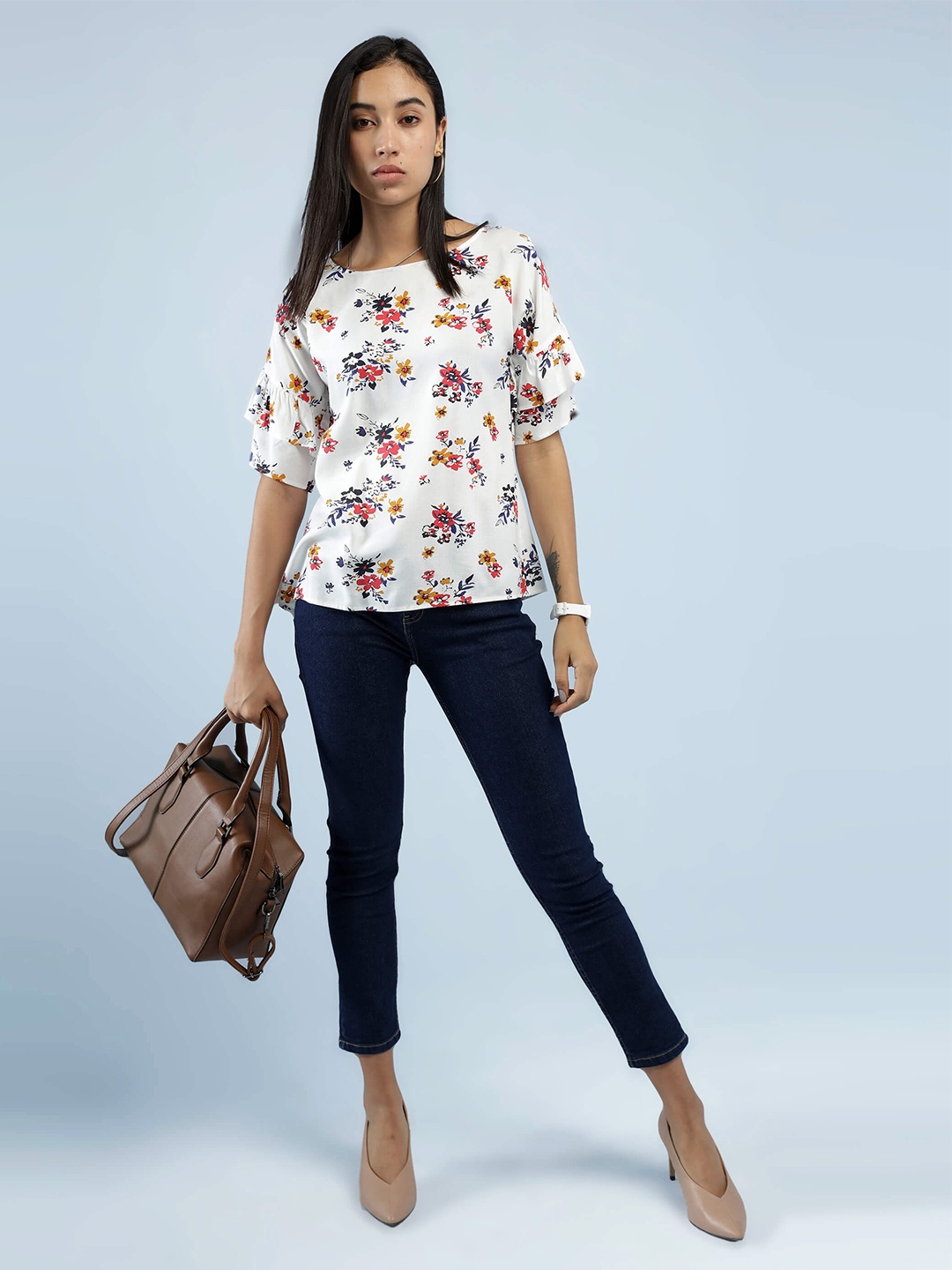

IDK White Floral Printed Bell Sleeved Top