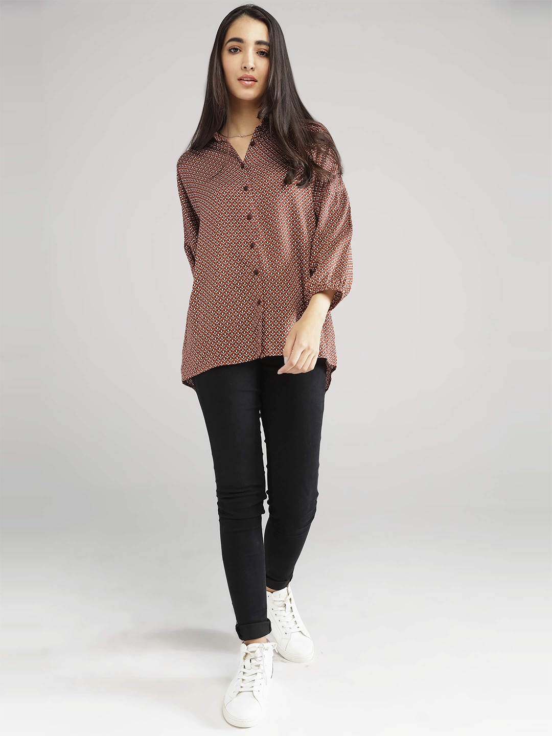 

IDK Brown Geometric Print Bishop Sleeves Shirt Style Top