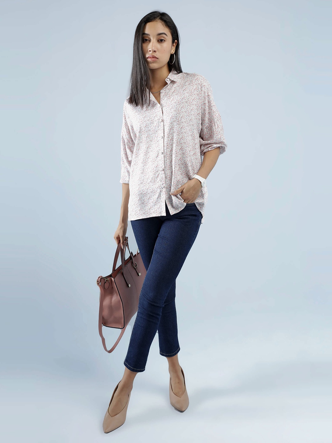 

IDK Women White Print Shirt Style Top