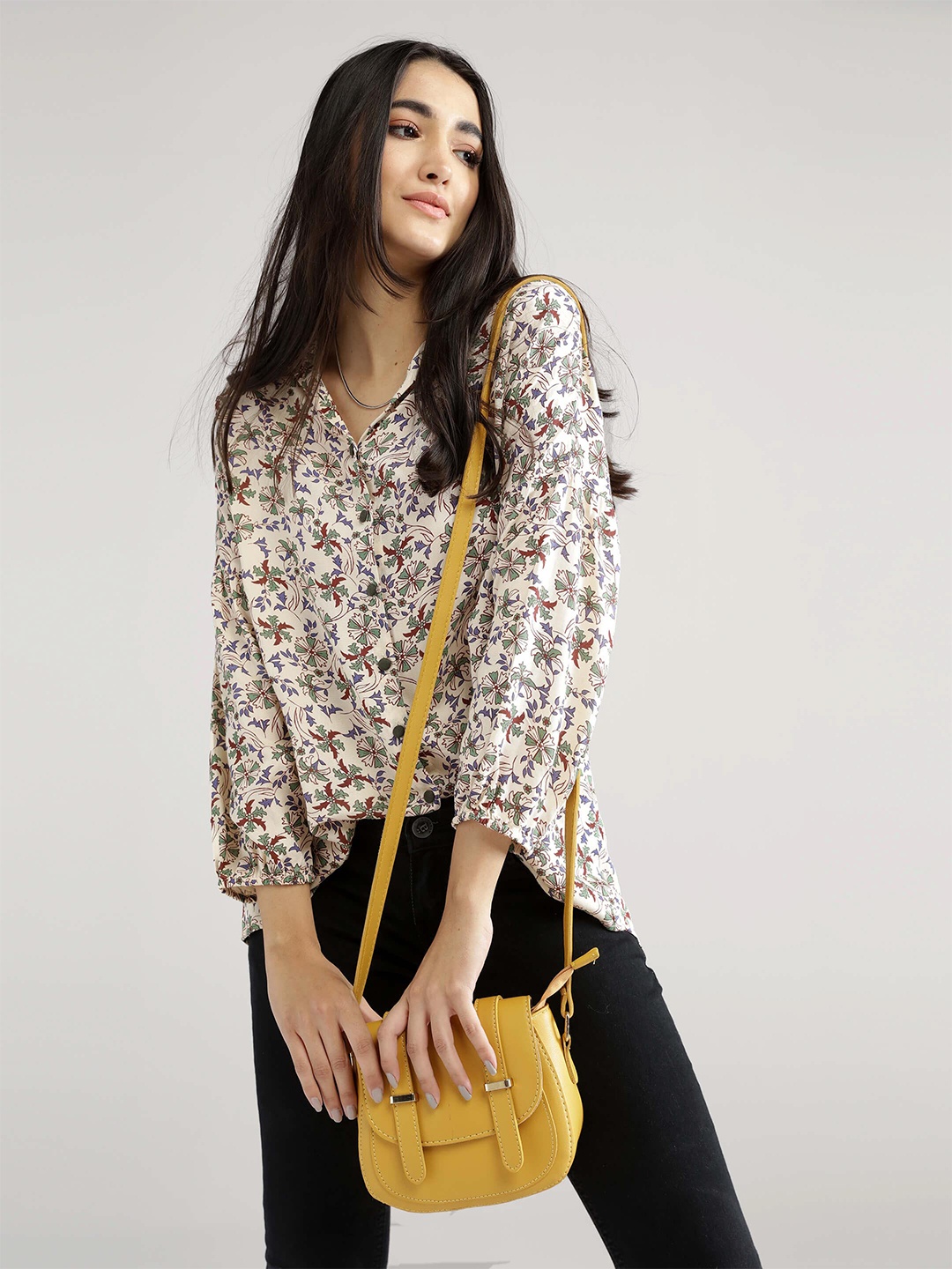 

IDK Women Cream-Coloured Floral Print Shirt Style Top