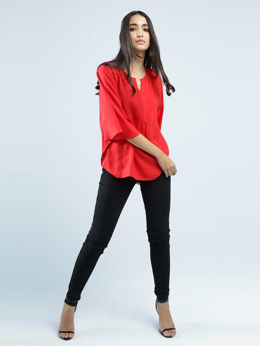 

IDK Women Red Solid Mandarin Collar Empire Top