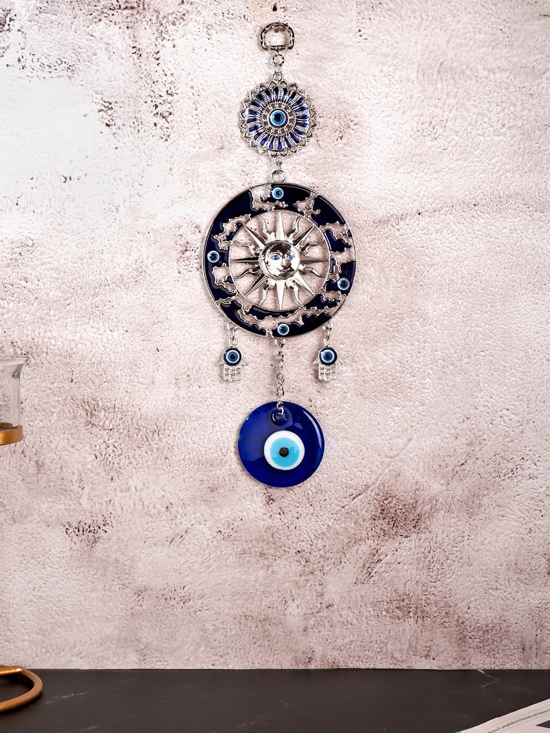 

THE WHITE INK DECOR Blue & Silver-Toned Evil Eye Charm Wall Hanging Decor