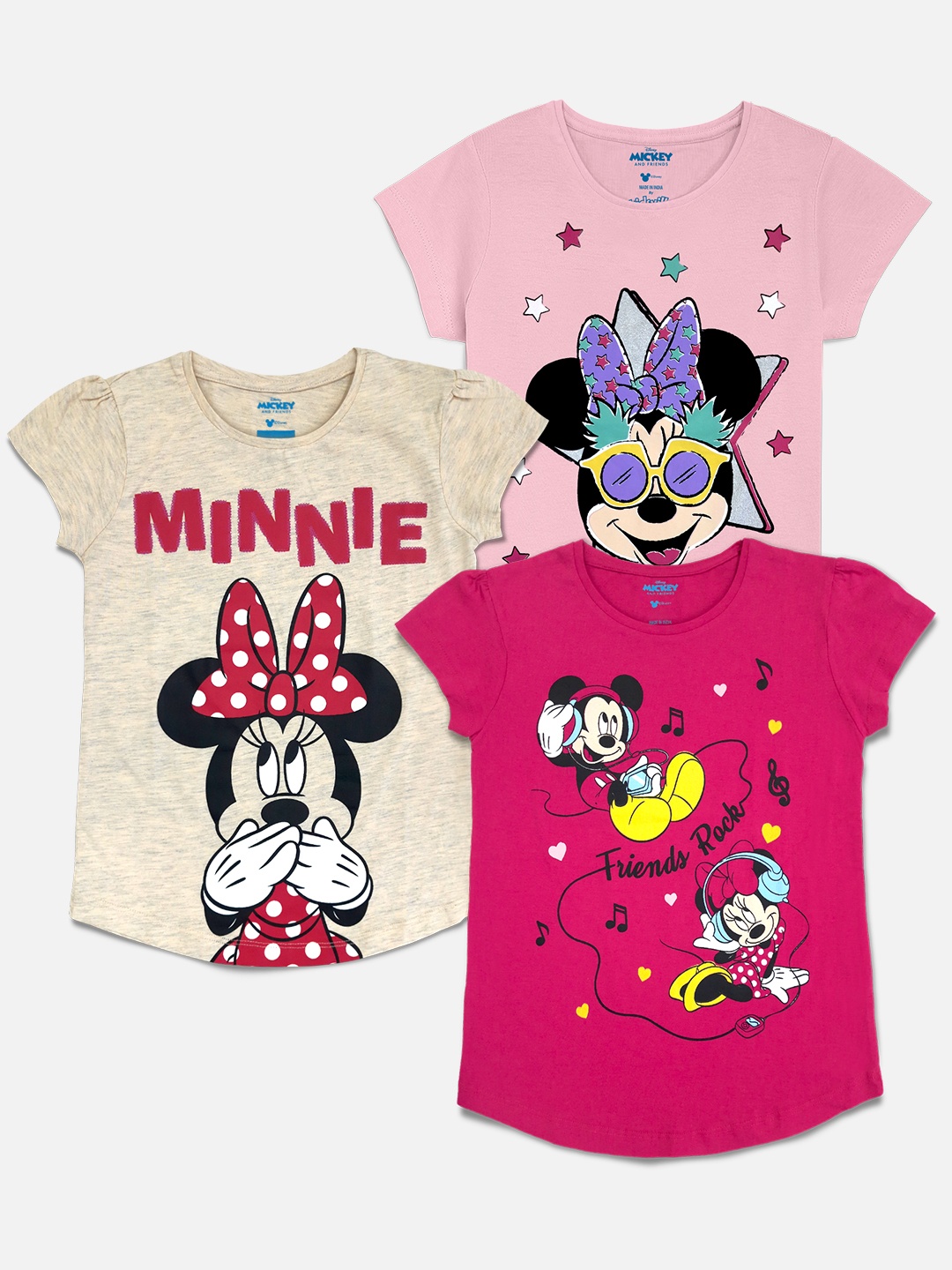 

Kids Ville Girls Magenta & Cream-Coloured Pack of 3 Mickey & Friends Pure Cotton T-shirt