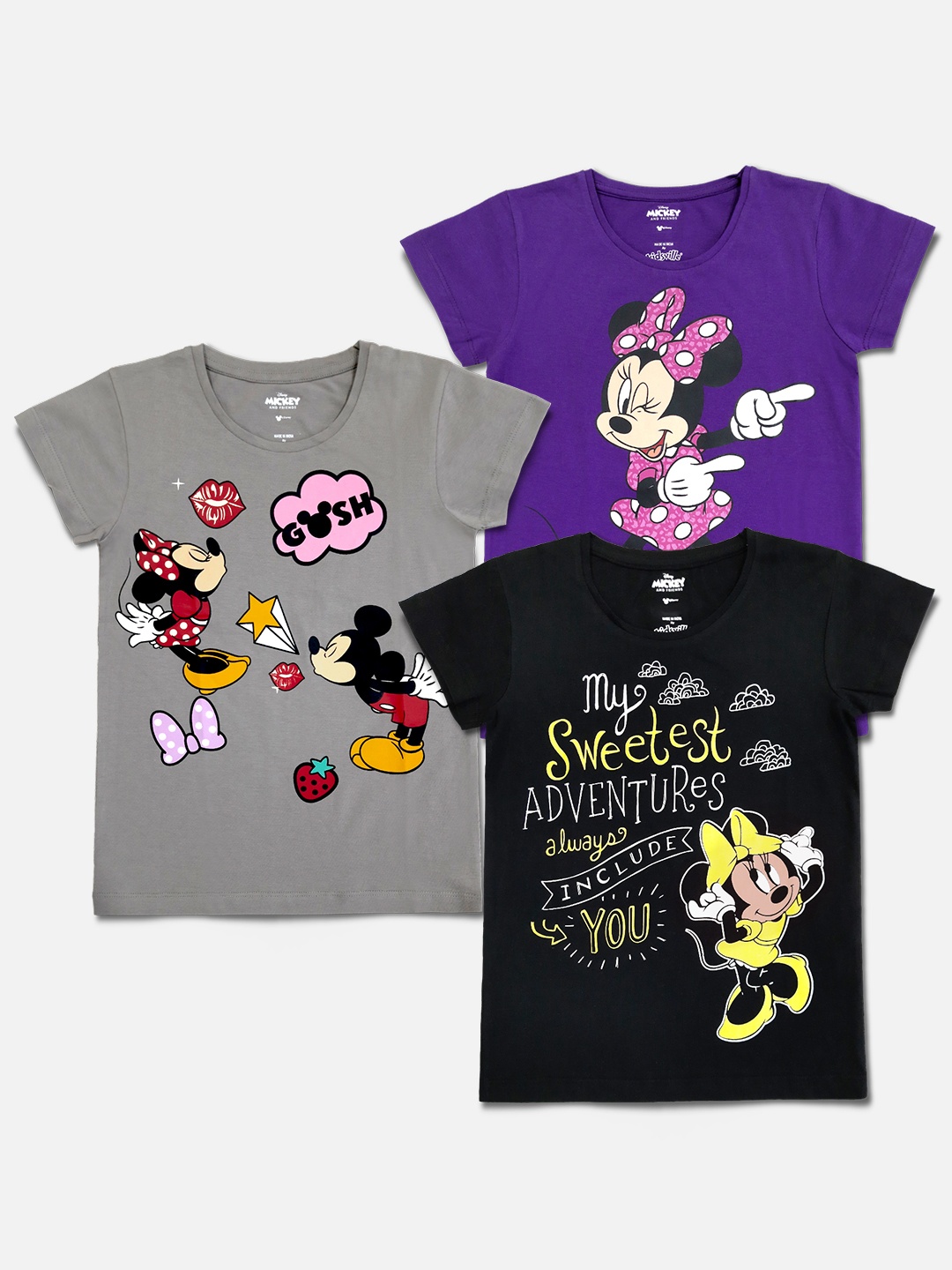 

Kids Ville Girls Black & Grey Pack of 3 Mickey & Friends Printed Pure Cotton T-shirt