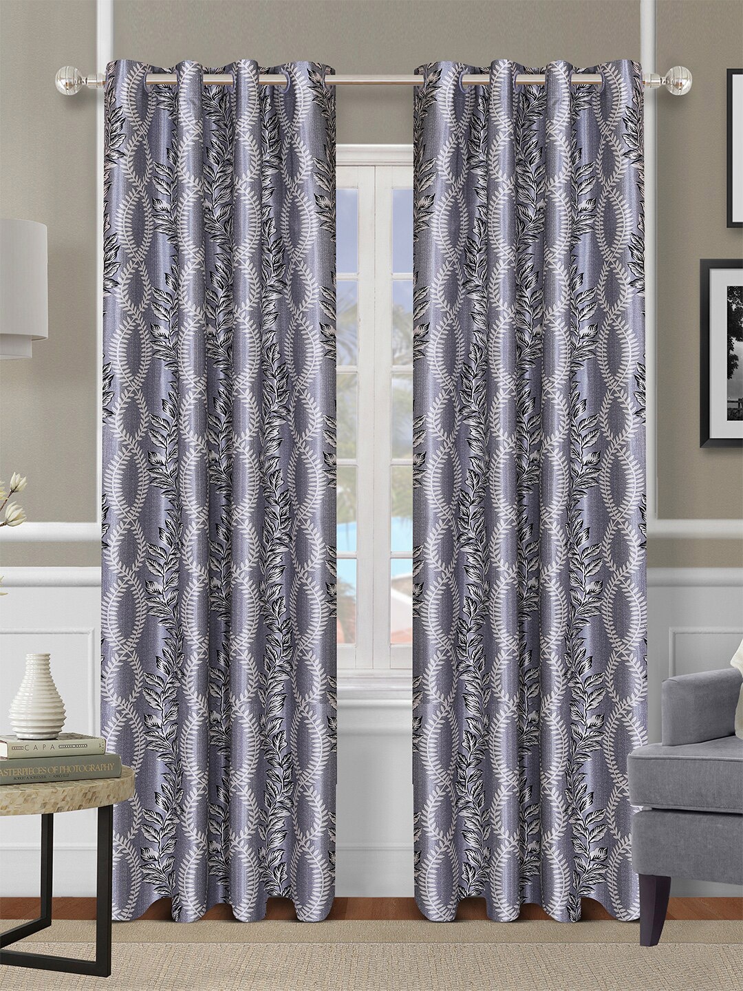 

ROMEE Grey & White Set of 2 Printed Room Darkening Door Curtain