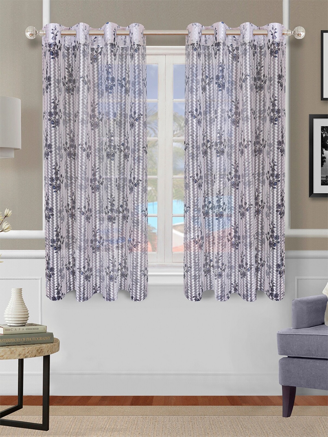 

ROMEE Grey & Blue Set of 2 Floral Sheer Window Curtain