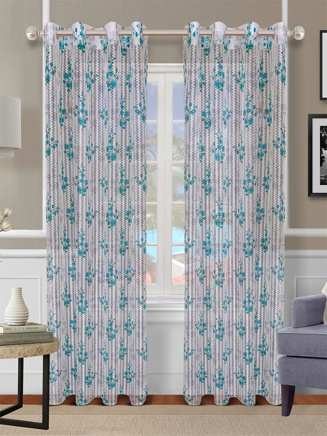 

ROMEE Turquoise Blue & Grey Set of 2 Floral Printed Sheer Door Curtain