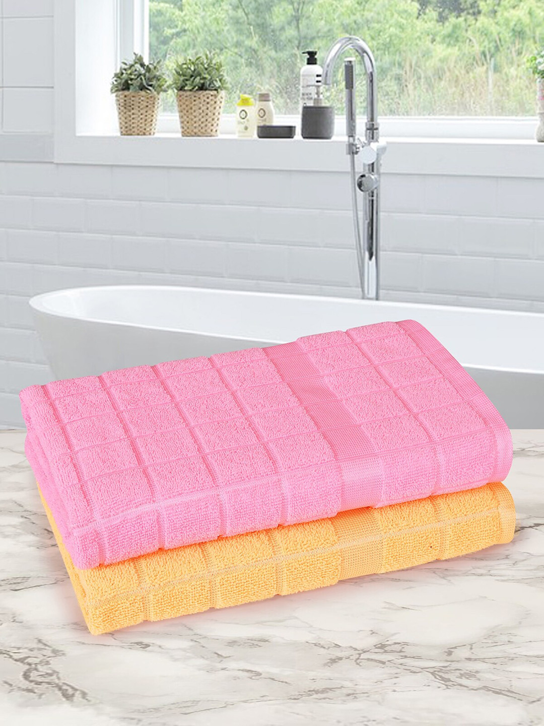 

ROMEE Set of 2 Pink & Yellow Solid 350 GSM Cotton Towels