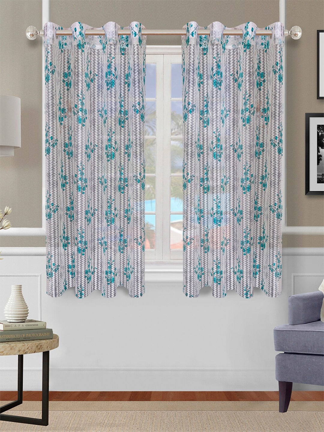 

ROMEE Turquoise Blue & Grey Set of 2 Floral Printed Sheer Window Curtain