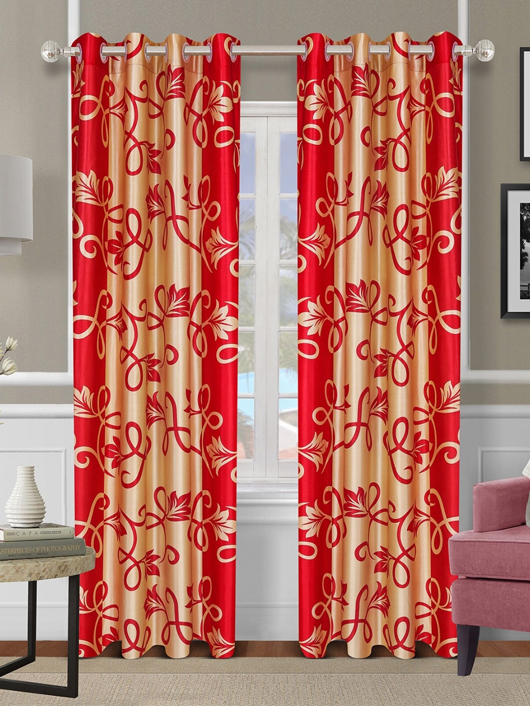 

ROMEE Red & Gold-Toned Set of 2 Room Darkening Long Door Curtain