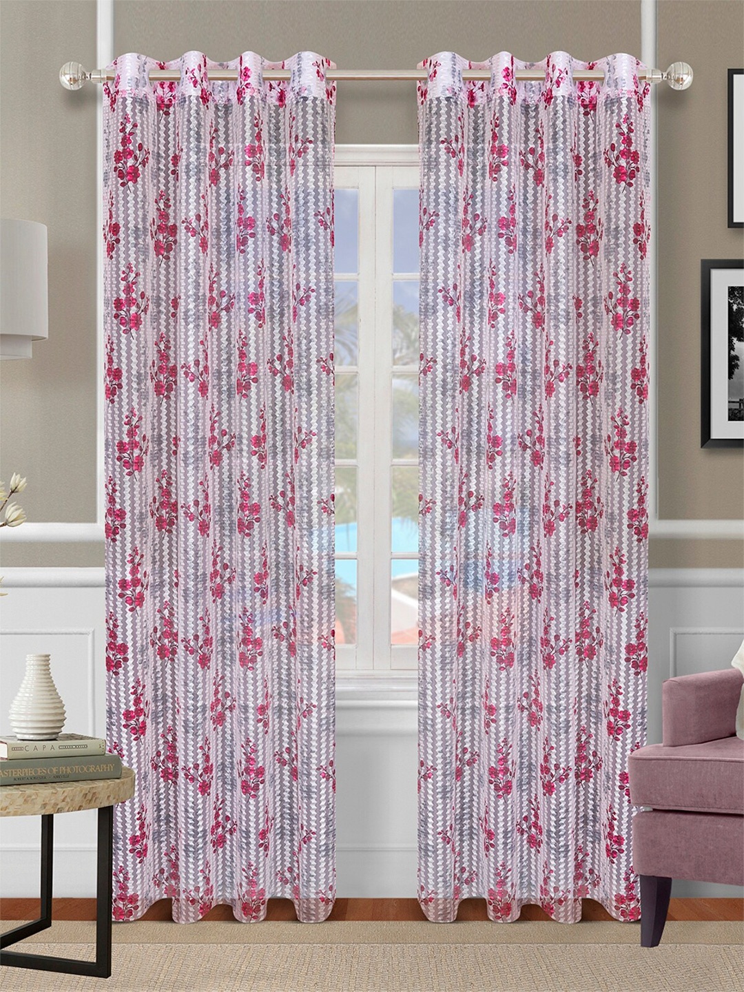 

ROMEE Maroon & Grey Set of 2 Floral Sheer Door Curtain