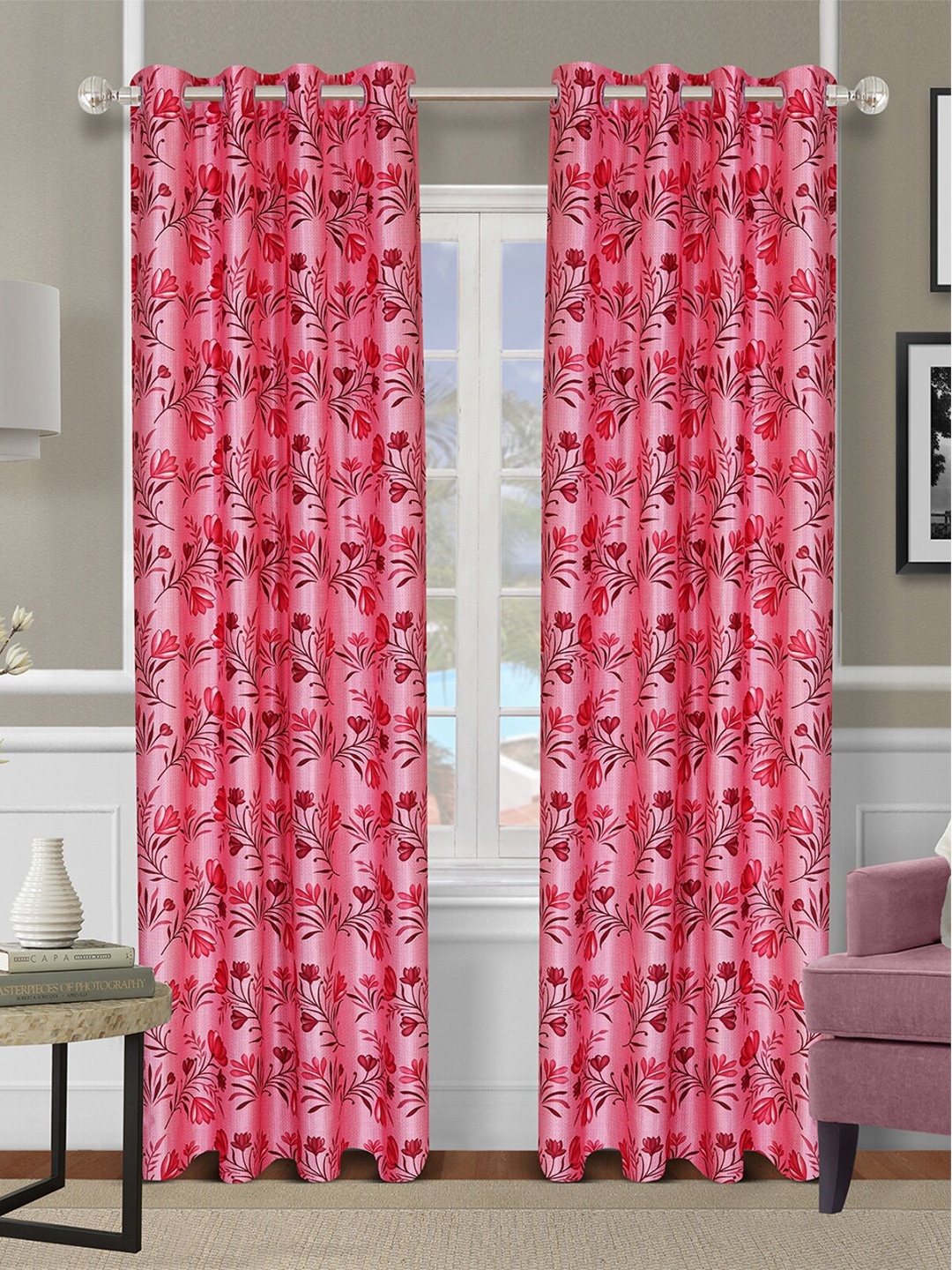 

ROMEE Pink Set of 2 Floral Room Darkening Door Curtain