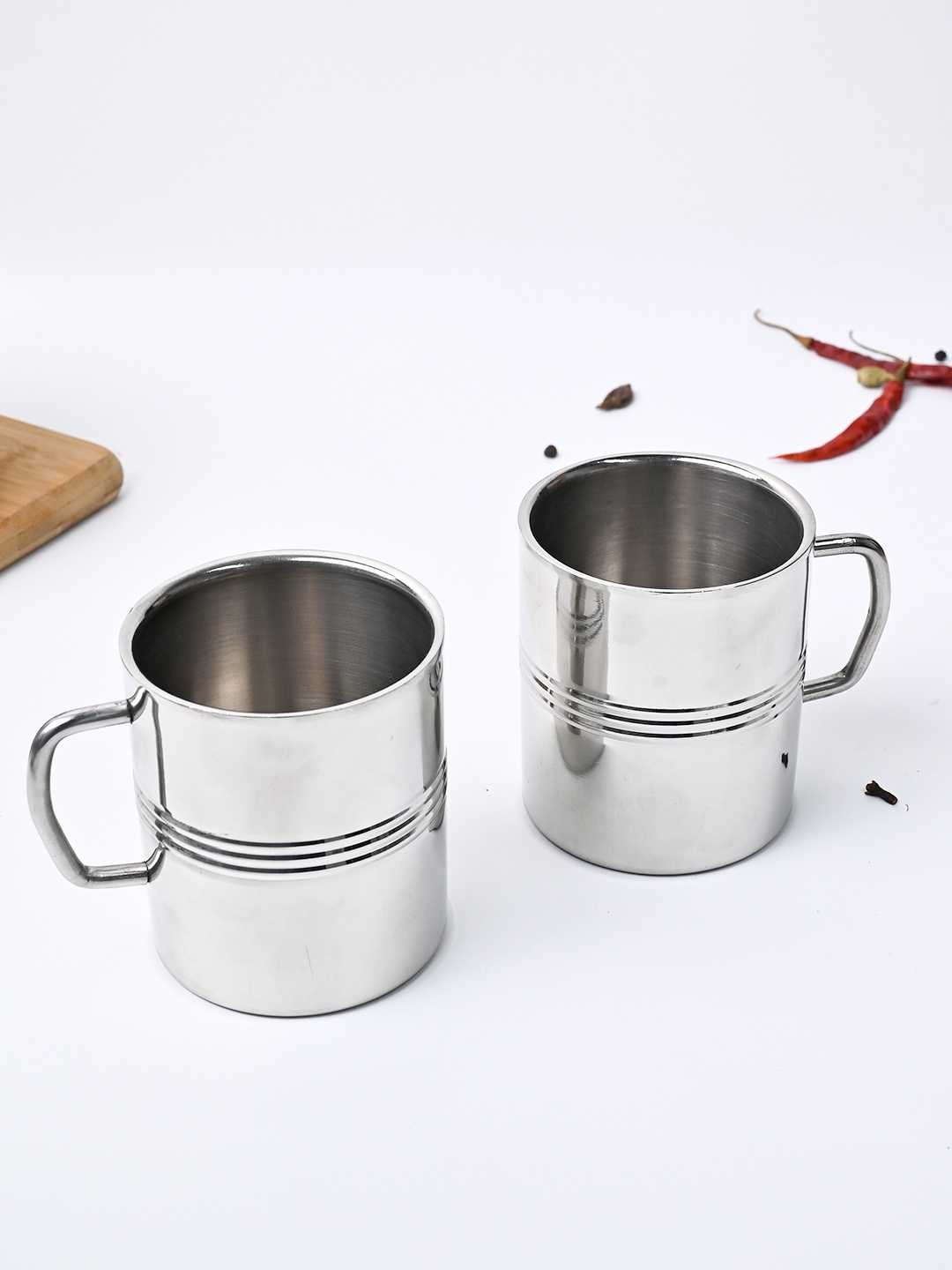 

MARKET99 Silver-Toned Solid Stainless Steel Glossy Mugs Set of 2