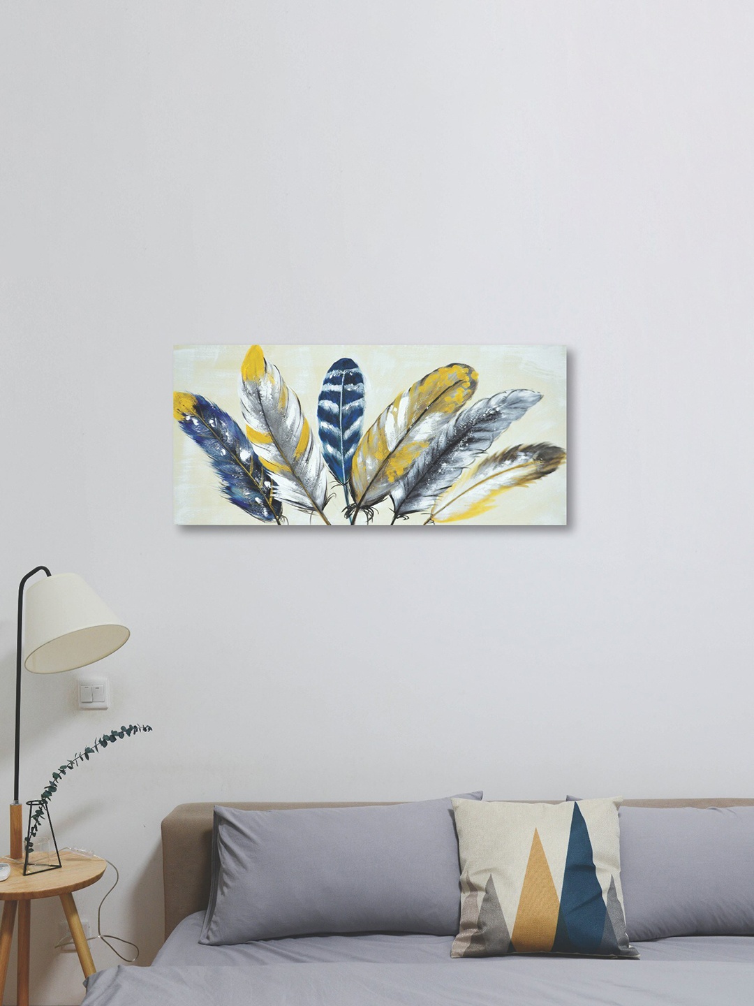

MARKET99 Cream-Colored & Blue Feather Hand Made Oil Painting Wall Art