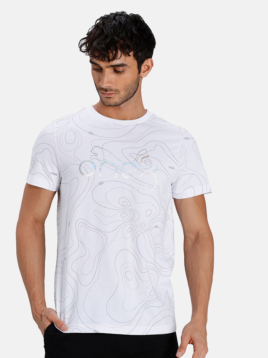 

Puma Men White & Grey Printed Round Neck Cotton Slim Fit T-shirt